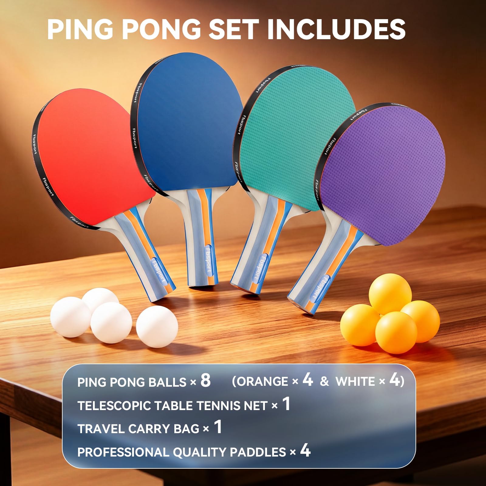Set da ping pong con 4 pagaie, 1 rete retrattile, 8 palline, 1 borsa per il trasporto | Set di pipistrelli da ping pong per allenatori adulti famiglie indoor outdoor