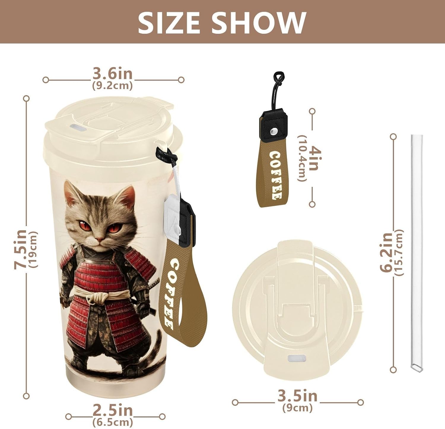Insulated Coffee Mug Cat Samurai Japanese with Straw & Flip Lid, 16.9oz Iced Tumbler Cup, Double Wall Vacuum Mug for Travel Office Camping