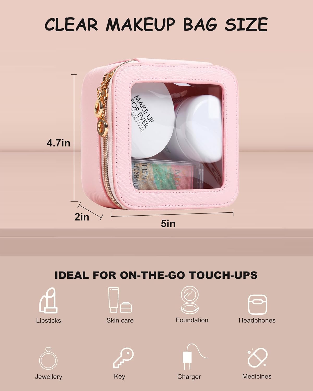 Small Clear Makeup Bag for Purse, Cute Mini Clear Cosmetic Bag Case Organizer, TSA Approved Square Small Makeup Case Pouch with Zipper, Car Travel Purse Essentials for Women (Pink, S)