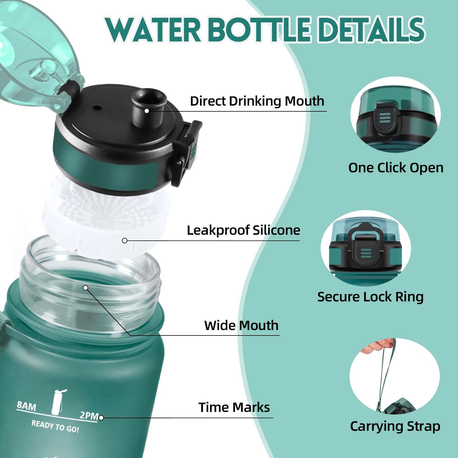 Motswedi Borraccia 1 litro,Riutilizzabile, Borraccia Motivazionale, a Prova di Perdite, Bottiglia Acqua, Senza BPA, Borracce, per Sport, Ufficio, Ciclismo, Palestra, Verde&Grigio