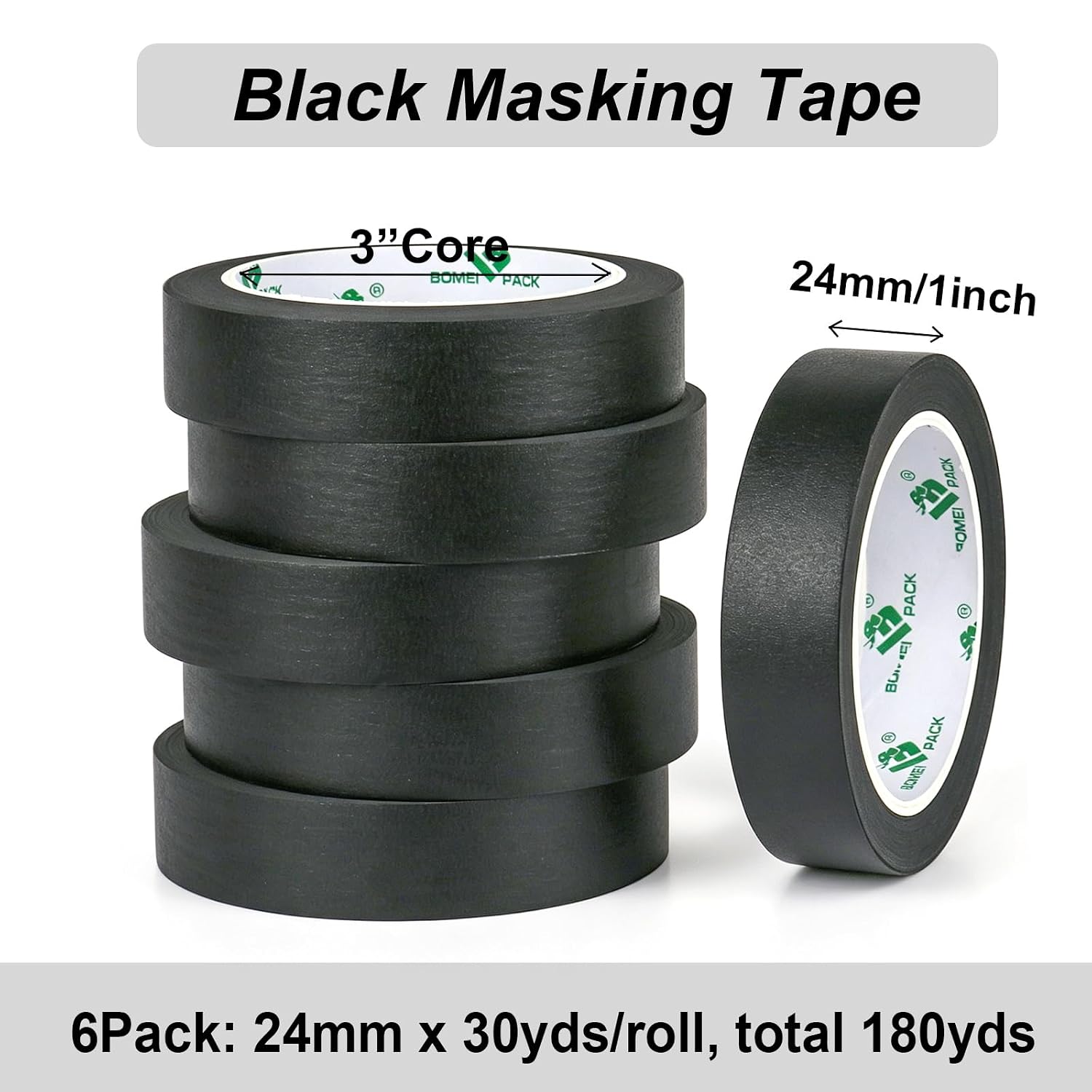 BOMEI PACK Black Painters Tape 1 Inch Bulk - Paint Tape 6 Rolls x 1 Inch x 30 Yards - Painter's Tape Black Masking Tape for Walls Painting, DIY Crafting, and School Projects, Total 180 Yards