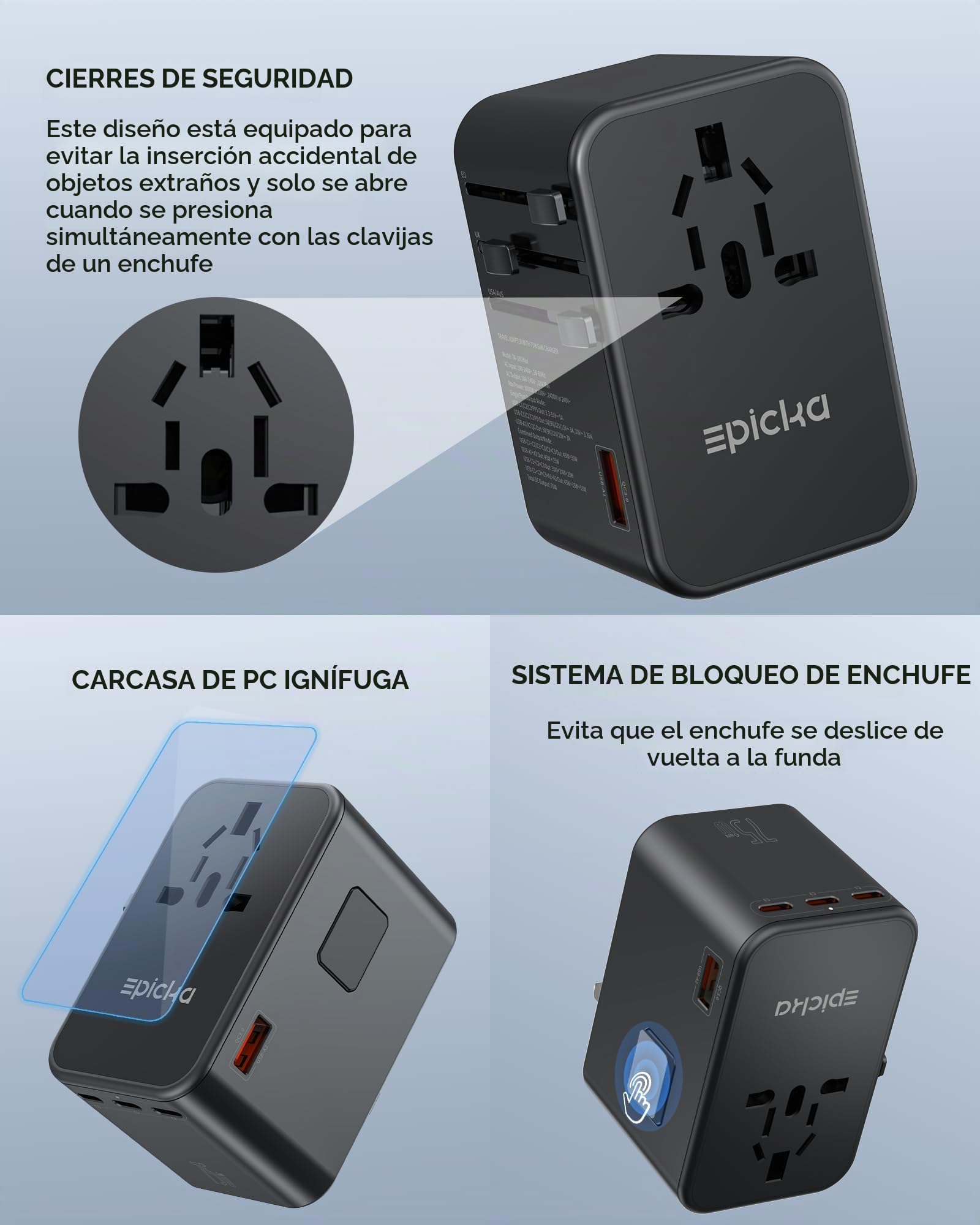 EPICKA Adaptador de Viaje Universal, GAN 75W Adaptador de Enchufe Internacional con 3 USB-C PD de Carga rápida y 2 adaptadores de Carga rápida USB-A Cargador de Pared Todo en uno para EE. UU., UE, | Adaptador de corriente internacional para EU/US/UK/AU, c