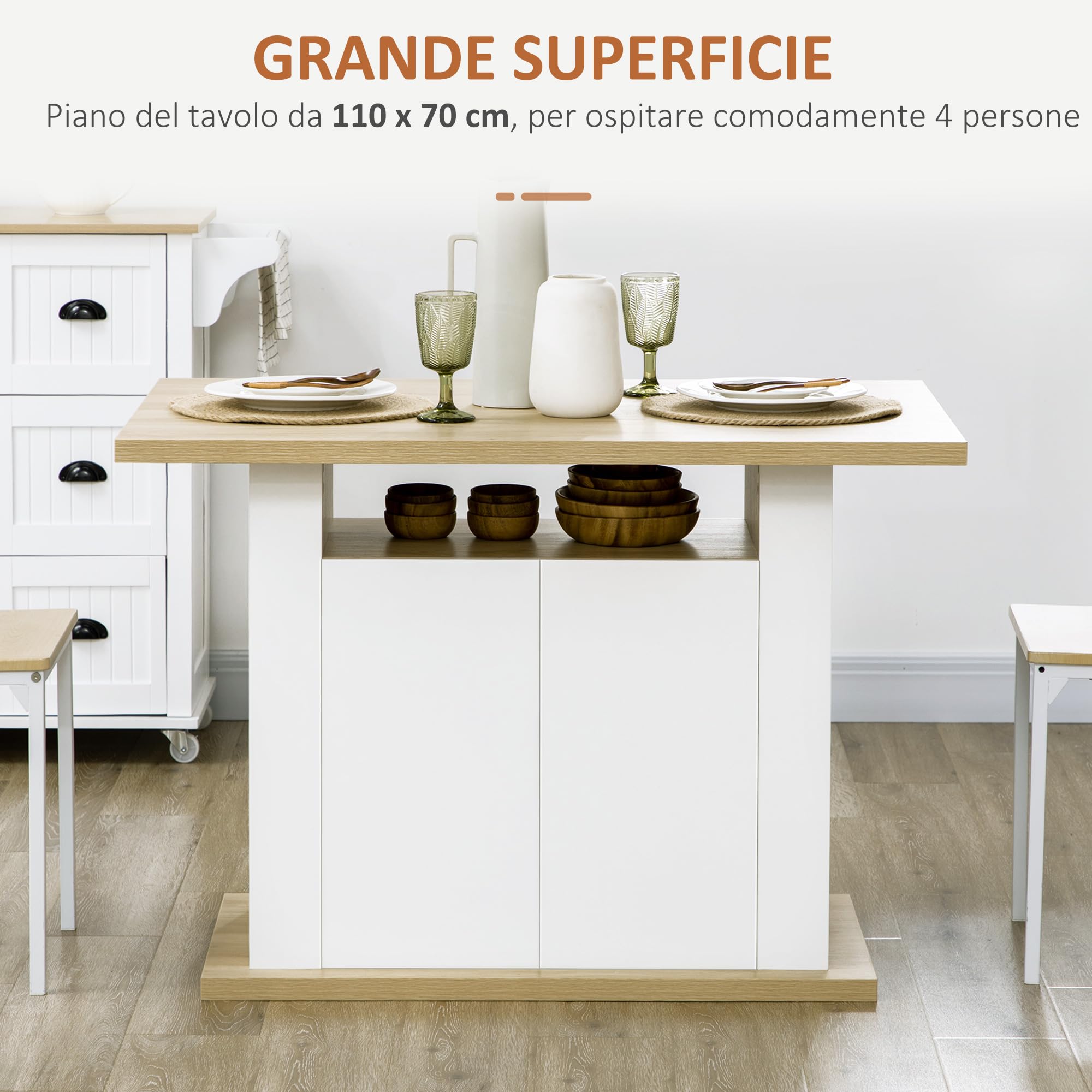 HOMCOM Isola per Cucina 4 Persone 110x70x75.5 cm Bianco e Color Legno