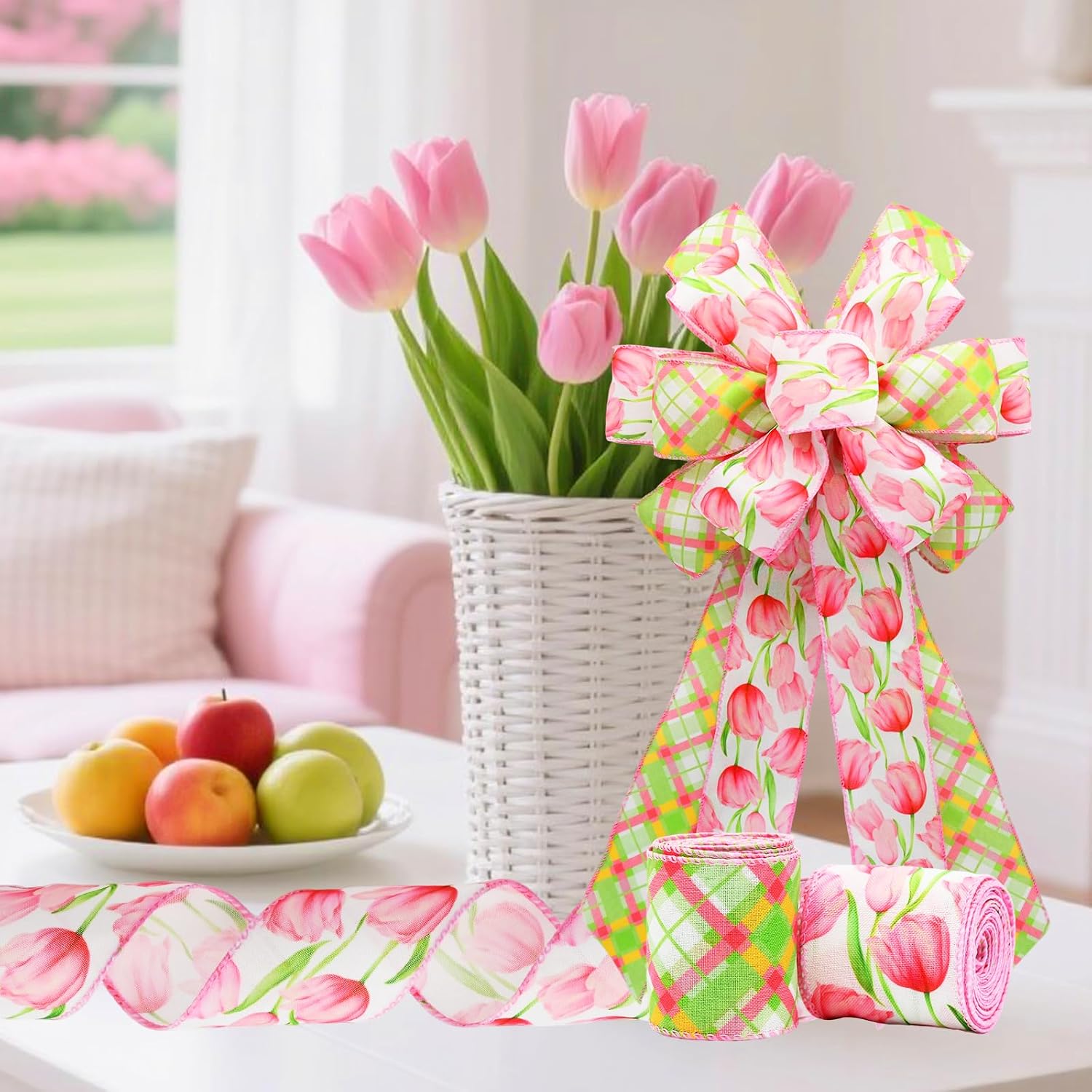 2 Rolls Pink Tulip Wired Ribbon - 2.5 Inch Wide, 10 Yards Total, Elegant Tulip Floral for Wedding Decor, DIY Crafts & Gift Wrapping, Romantic Pink Wired Edge Ribbon image 5