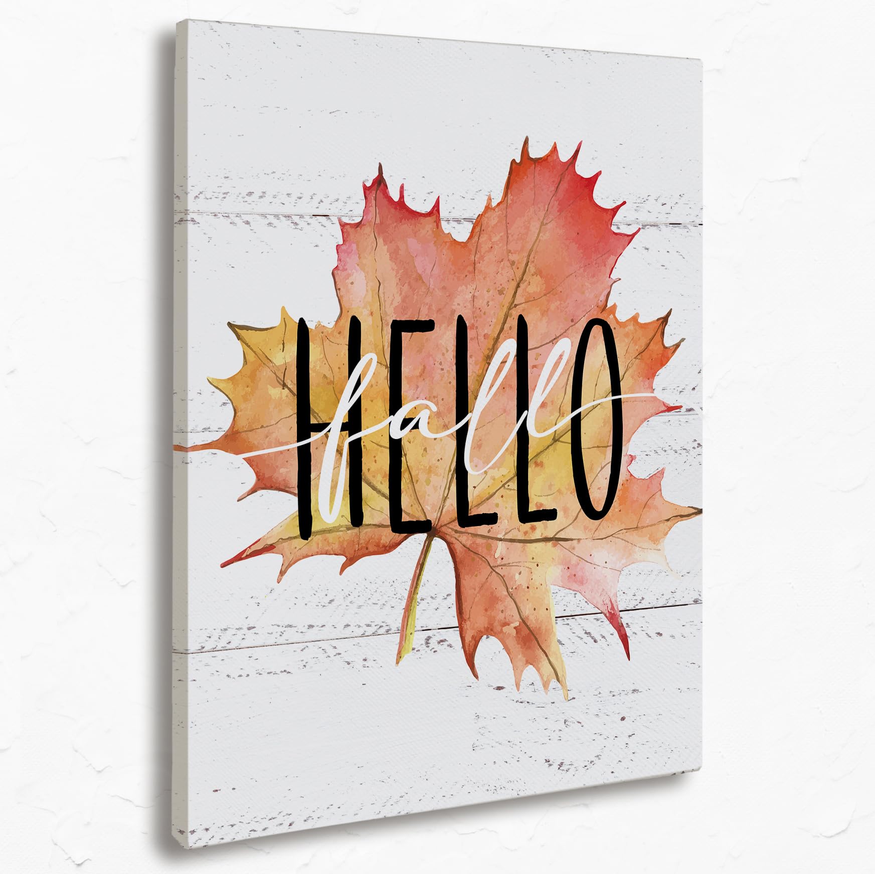 Hello Fall Watercolor Autumn Maple Leaf Canvas Wall Art Prints,Rustic Autumn Seasonal Paintings Prints,11x14 inches Artwork for Fall Themed Decor Bedroom Living Room Home Porch Decorations