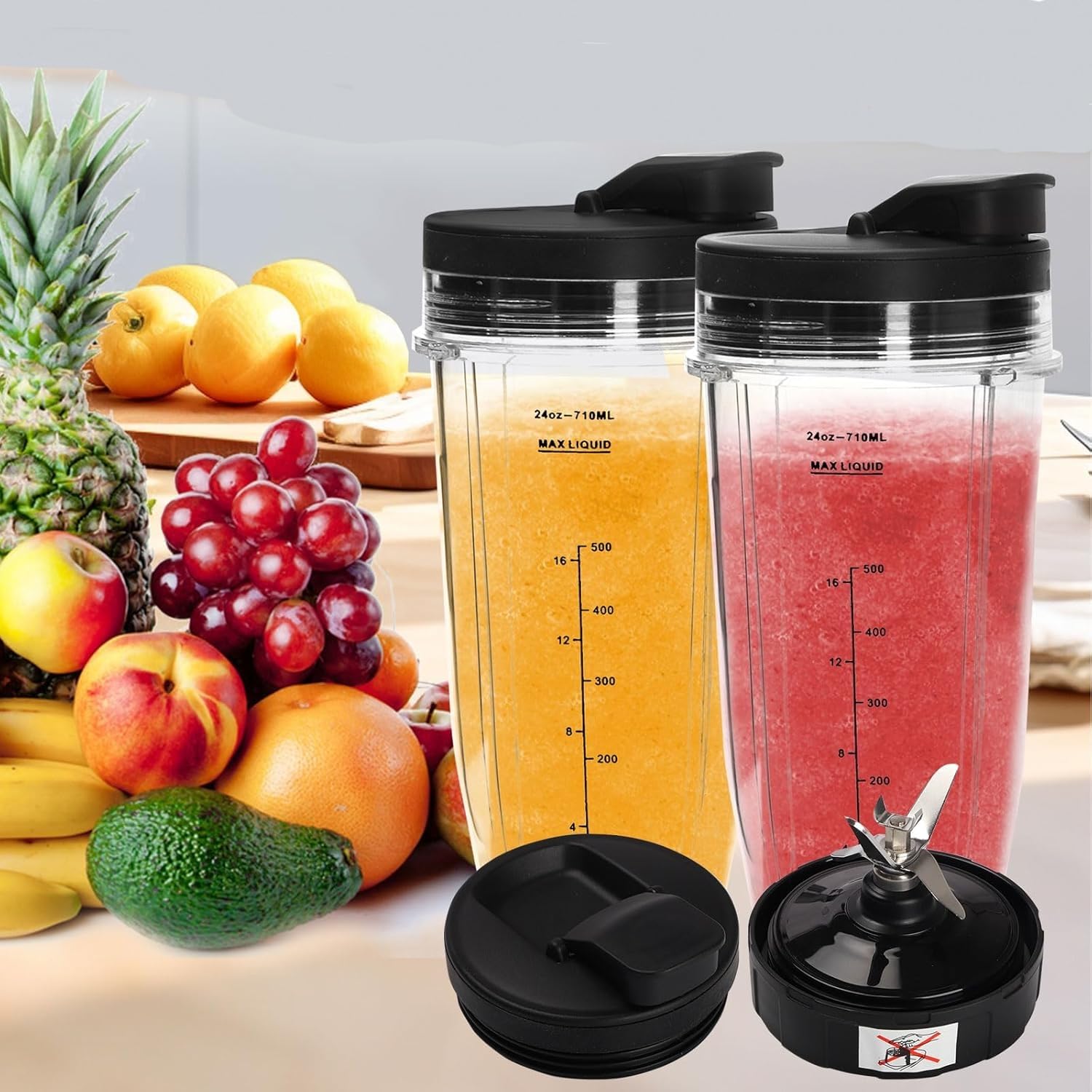 2 StüCk Mixer Becher Mit Deckel, Smoothie Flasche Glas 24Oz Becher Mit Einem Tragbaren Deckel Ersatzbecher + Deckelteilset FüR Ninja Mixer Bl2012/Bl480/Bl490/Bl640/Nn100A/Nn101