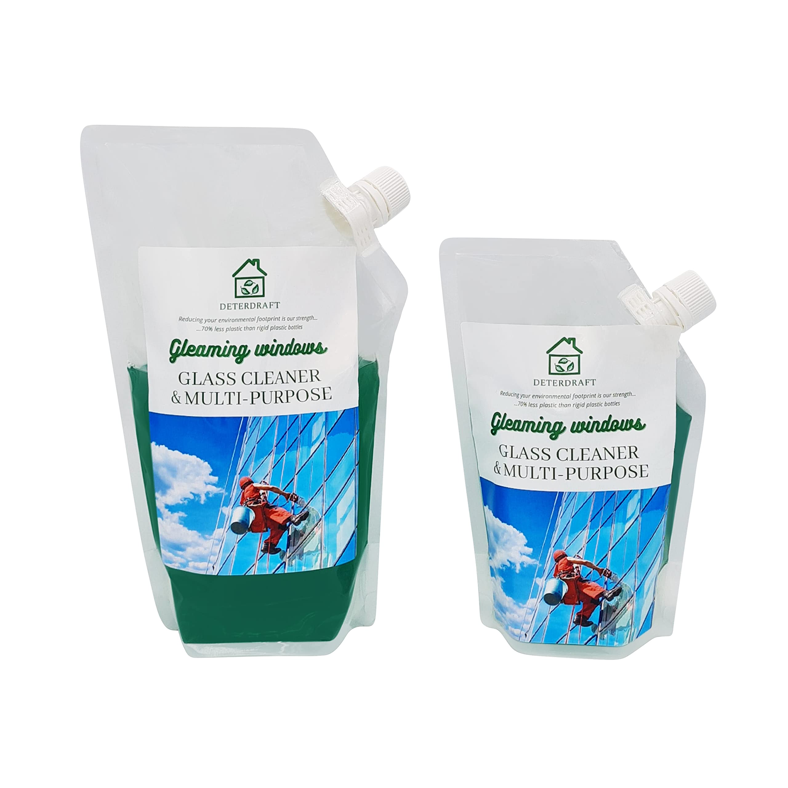 DETERDRAFT Windows & Glass Cleaner Spray | Includes 2x Refill Pouches (1450ml), Streak-free Mirrors and glass surfaces, Paraben-Free