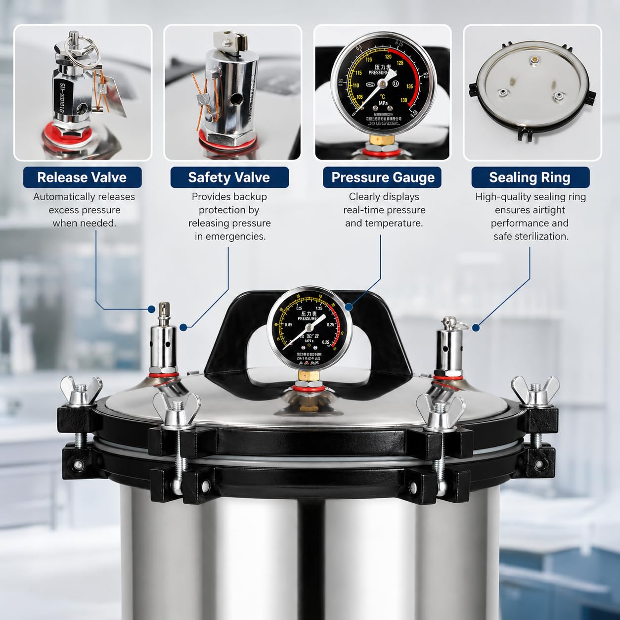 Esterilizador autoclave de vapor a presión portátil de 24 L, equipo de laboratorio de acero inoxidable con prevención de quemaduras secas y diseño de tres válvulas para una esterilización eficaz