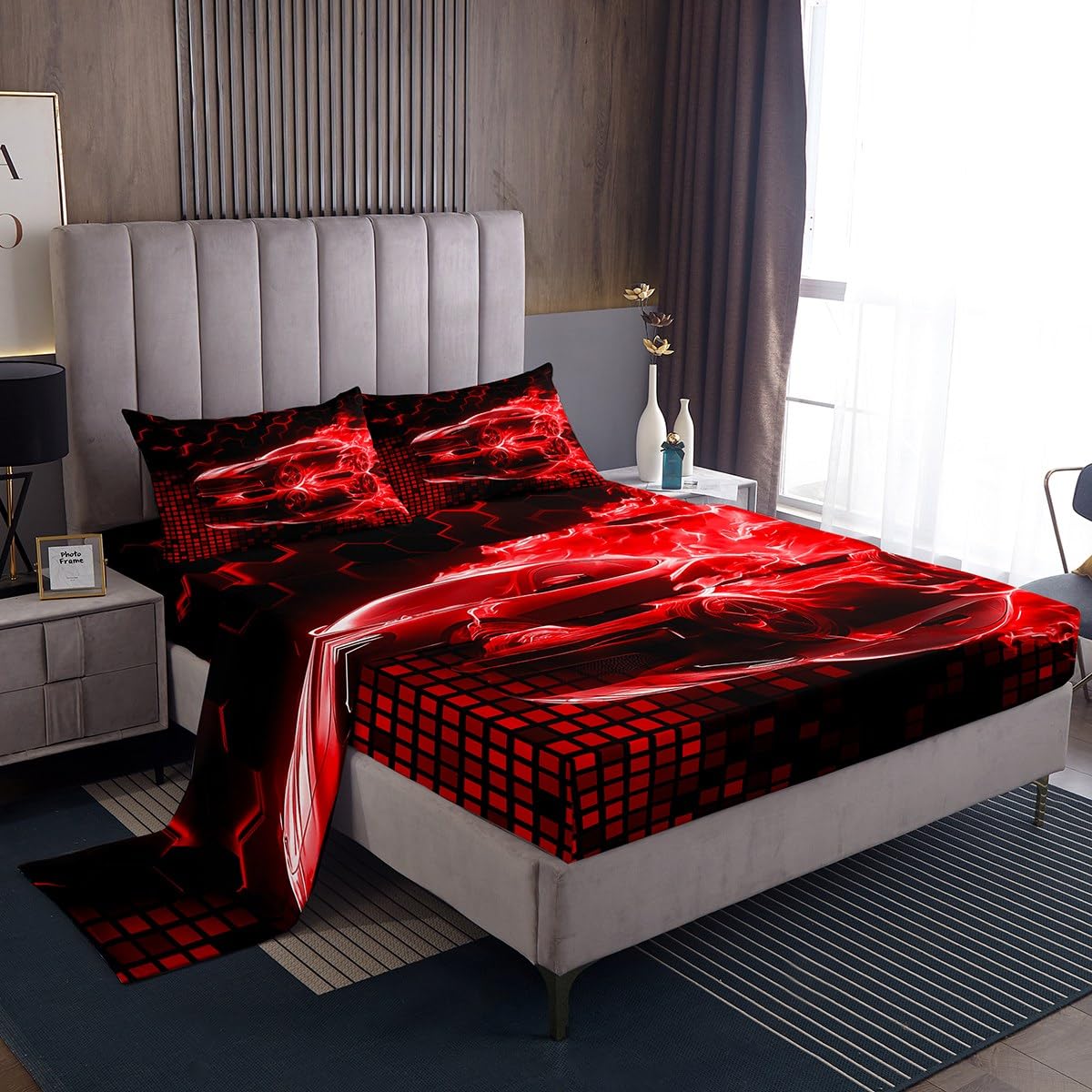 jejeloiu Race Car Flame Bed Sheets Set for Kids Boys Teens Full Size Speed Sports Fitted Sheet Ultra Soft Honeycomb Bedding Set Cool Modern Grid Bedding Collection Extreme Sports