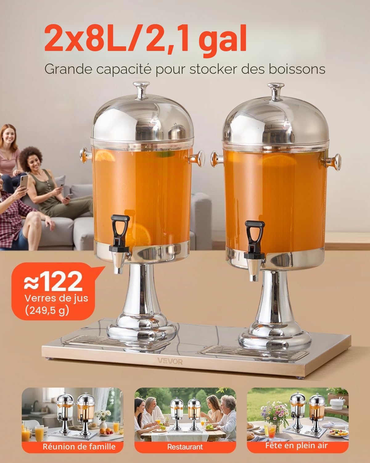 VEVOR Distributeur de Boissons Capacité 2x 8 L, Fontaine à Eau en Acier Inoxydable et Plastique, avec Robinet, Compartiment à Glace et Plateau, Distribution de Jus Limonade Thé Glacé, Restaurant Café