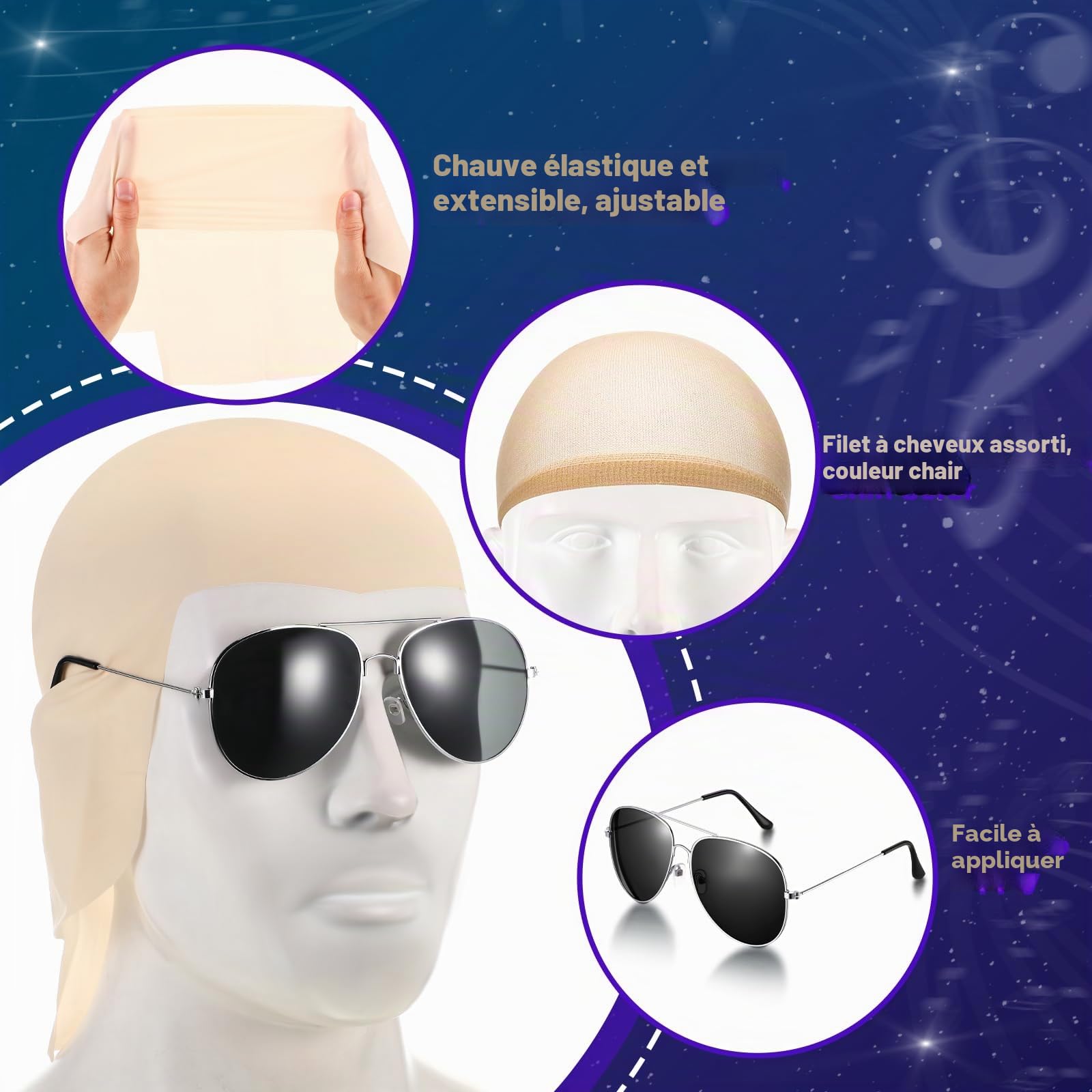 Sinmoe 6 Pcs Perruque Chauve Calotte Chauve Bald Cap avec Lunettes et Bonnet de Perruque Faux Crane Chauve en Latex Accessoires de Déguisement pour Halloween Cosplay pour Adultes Hommes Femmes