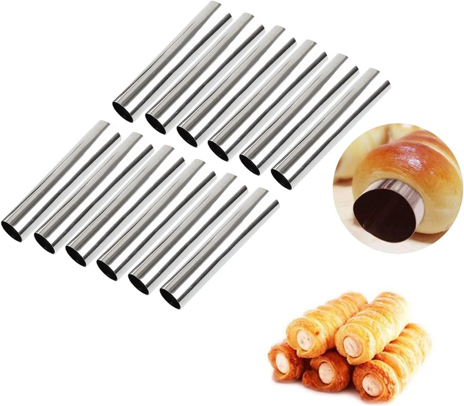 PhantomSky 12 Pack Cannoli Tube Non Stick Stainless Steel Cream Horn Mold Danish Pastry Cannoli Form Screw Croissant Shell Cream Roll Spiral Bread DIY Cake Baking Mold for Home kitchen Outdoor Picnic