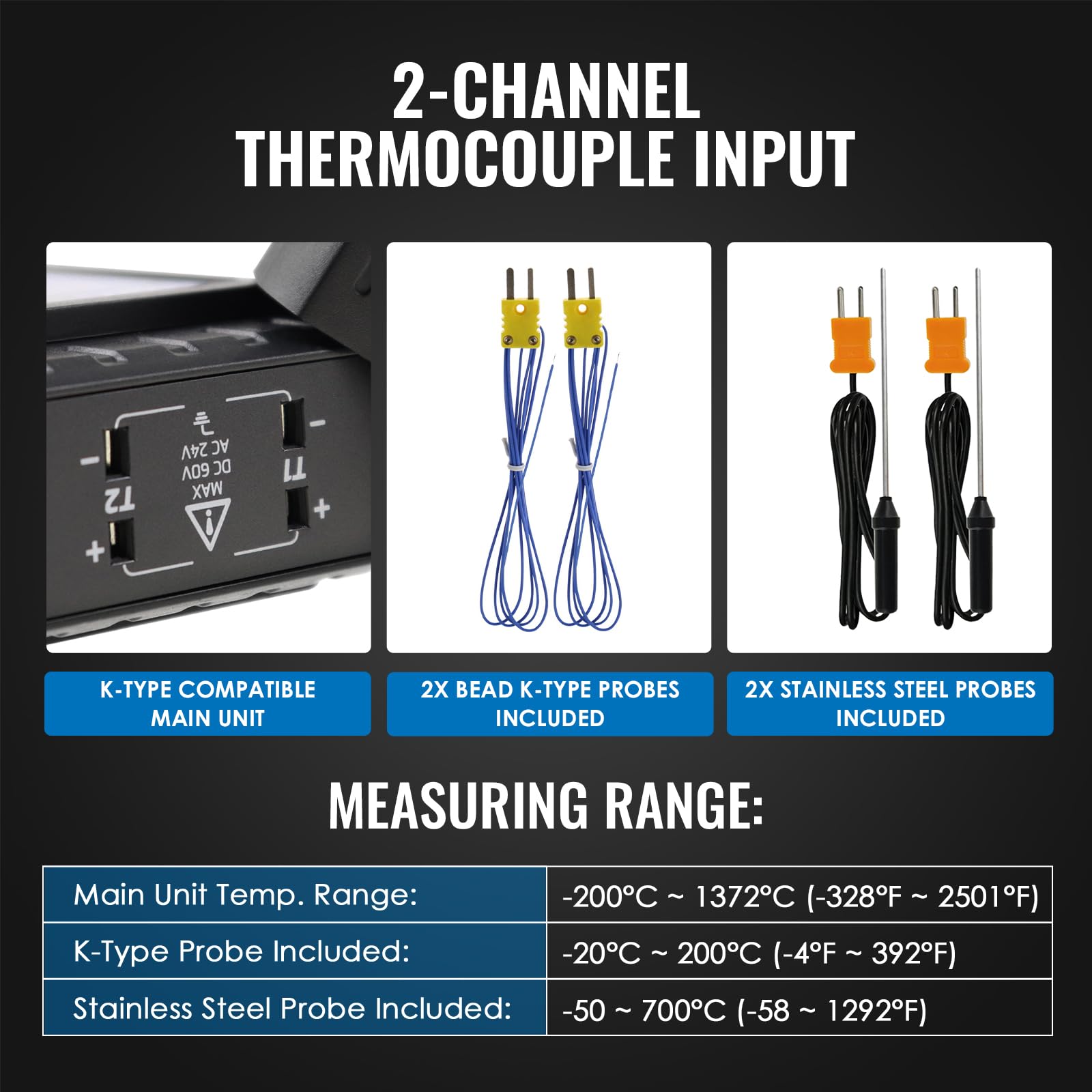 Termometro a termocoppia tipo K/J a due canali 4 sonde -200 a 1372°C misuratore temperatura CVC ATC