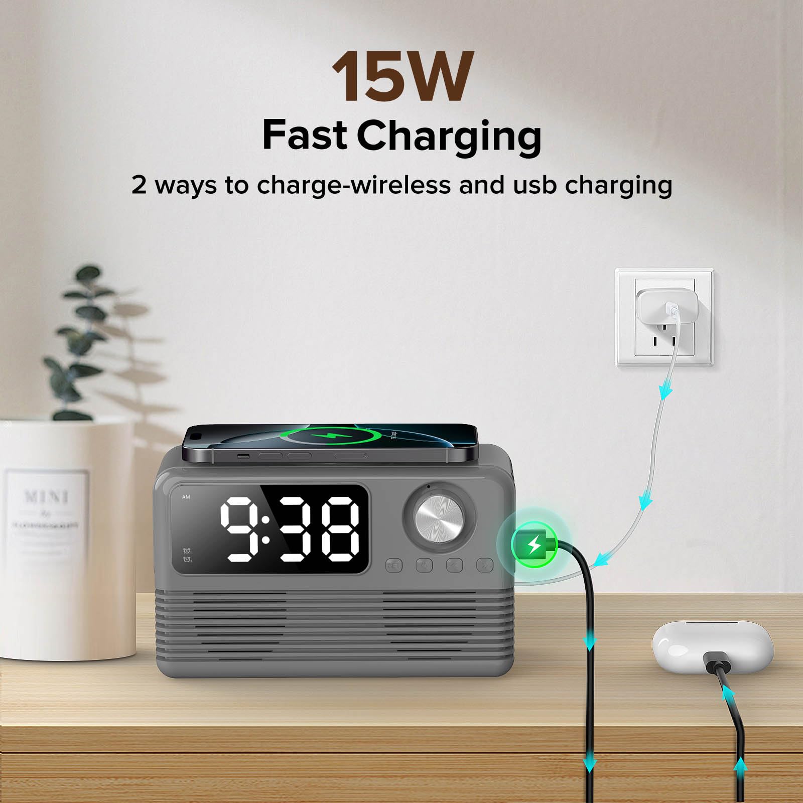 Chargeur sans fil rapide 15 W avec haut-parleur Bluetooth et radio réveil, station de charge sans fil 4 en 1 pour iPhone, téléphones Android avec radio FM pour chambre