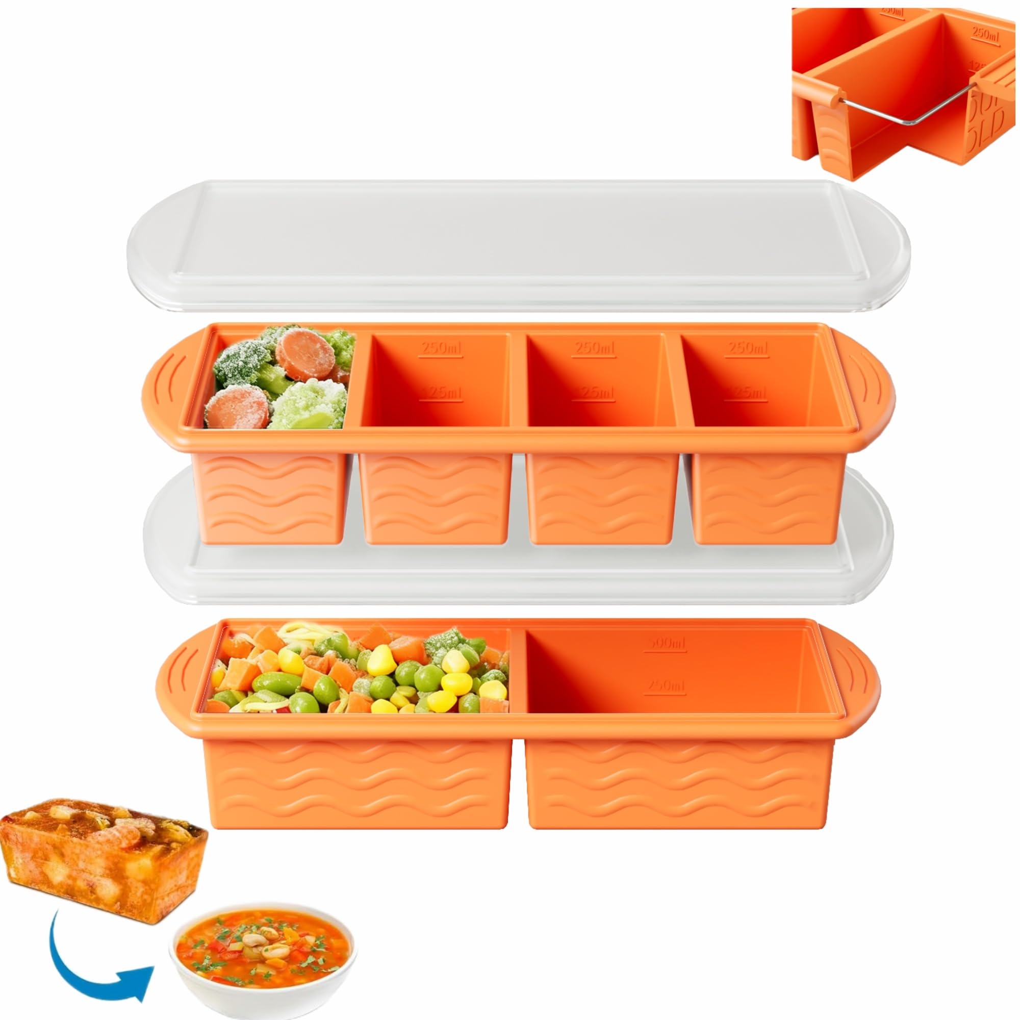 Theuwnee® 2-Pack Silicone Freezer Tray with Lid - Soup Freezer Container molds - Large Ice Cube Tray- Makes 8 Perfect 1 Cup portions Cubes, Freezer Storage Food Soups & Meal Prep (4+2Orange)