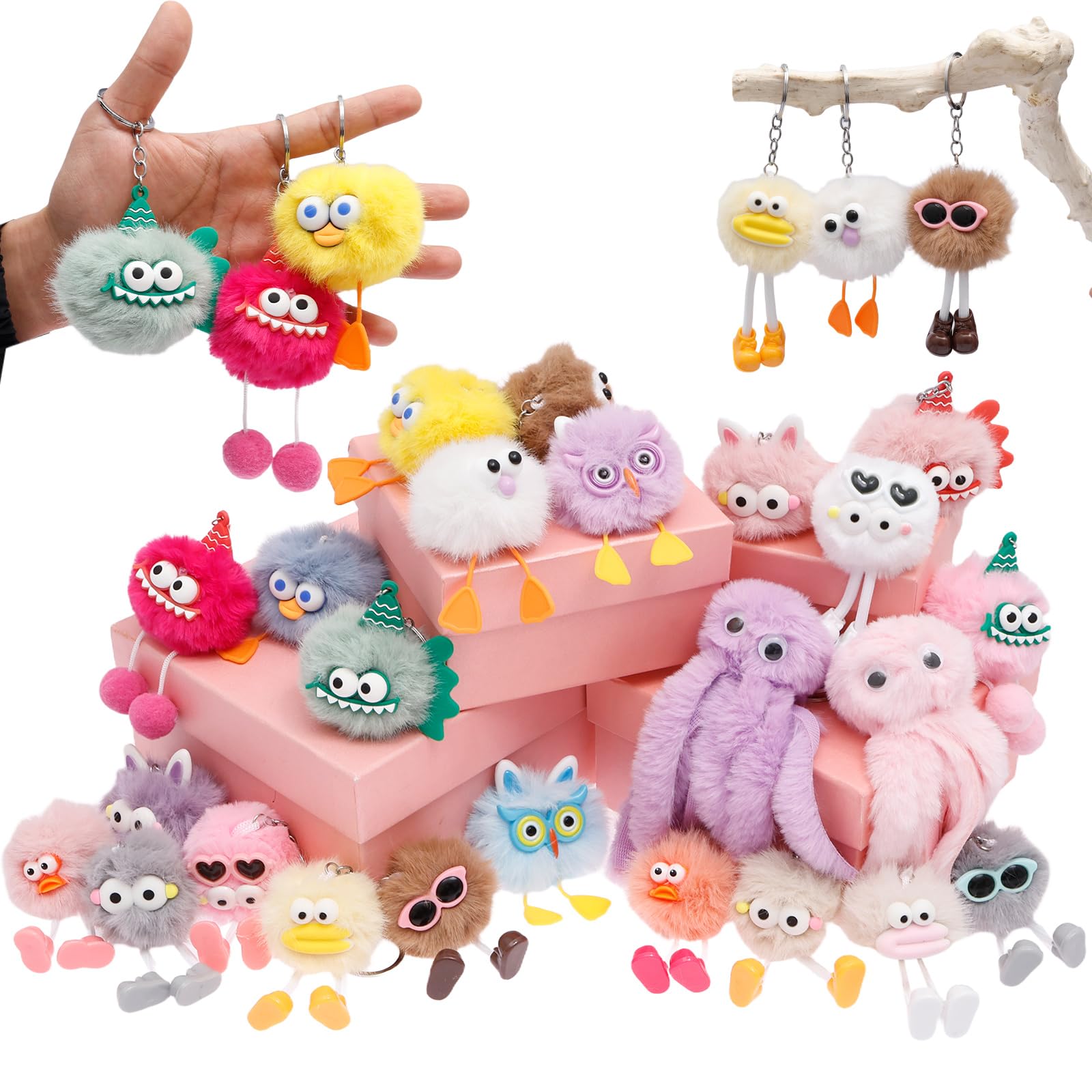 GWCYMYD 24 PCS Plush Doll Keychains, Cute Fluffy Bag Charms, Soft Faux Fur Keyring Pendants, Bulk Mini Toys for Party Favours & Classroom Prizes (Random Colours)