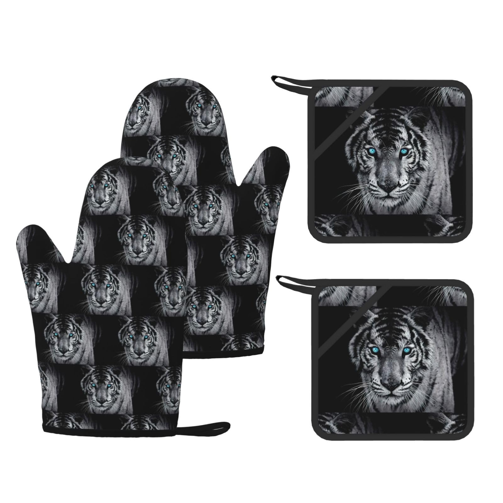 White tiger Printed Cooking Mitts and Pot Holders 4 Pcs, Heat Resistant Oven Gloves with Hanging Loop Chef