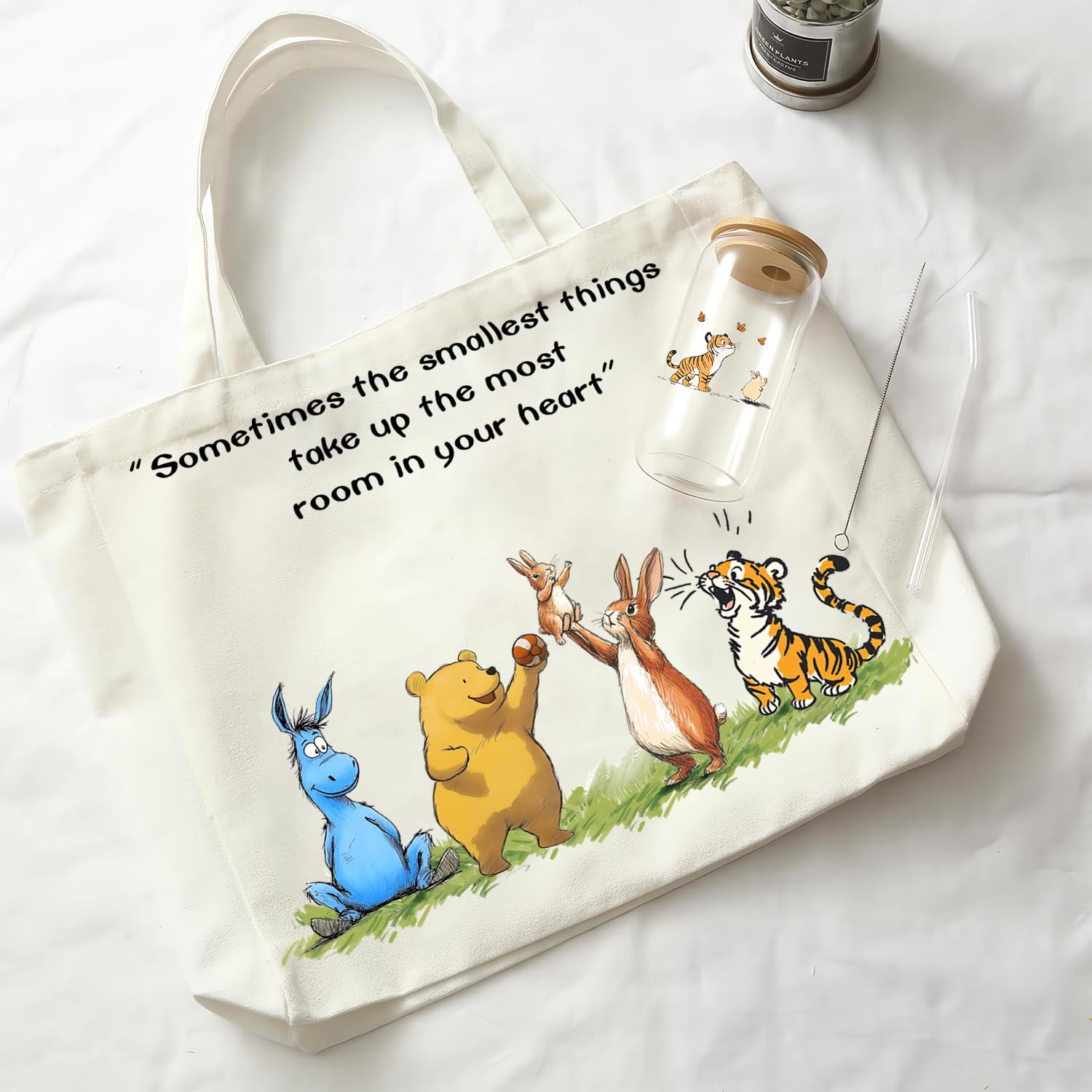 Cute Bear Gifts for Women, Canvas Tote Bag & 16 oz Iced Coffee Glass Cup Set, Birthday Gifts for Best Friends Bear Lovers