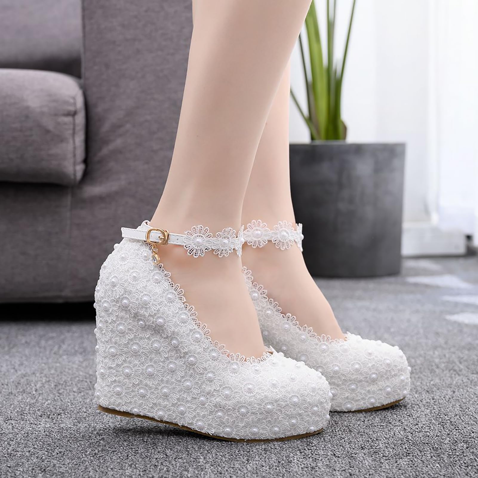 Zapatos de Boda de Encaje Blanco Zapatos de tacón de cuña Zapatos de Plataforma Zapatos de cuña de Punta Redonda Zapatos de tacón de cuña Zapatos de Novia,Blanca,37