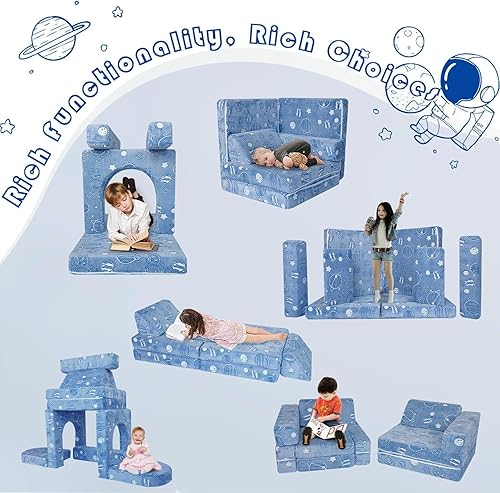 Miniatura 99 de MeMoreCool Sofá infantil para sala de juegos, sofá modular de 10 piezas, sofá convertible de pana, juego de construcción de fuerte de espuma para