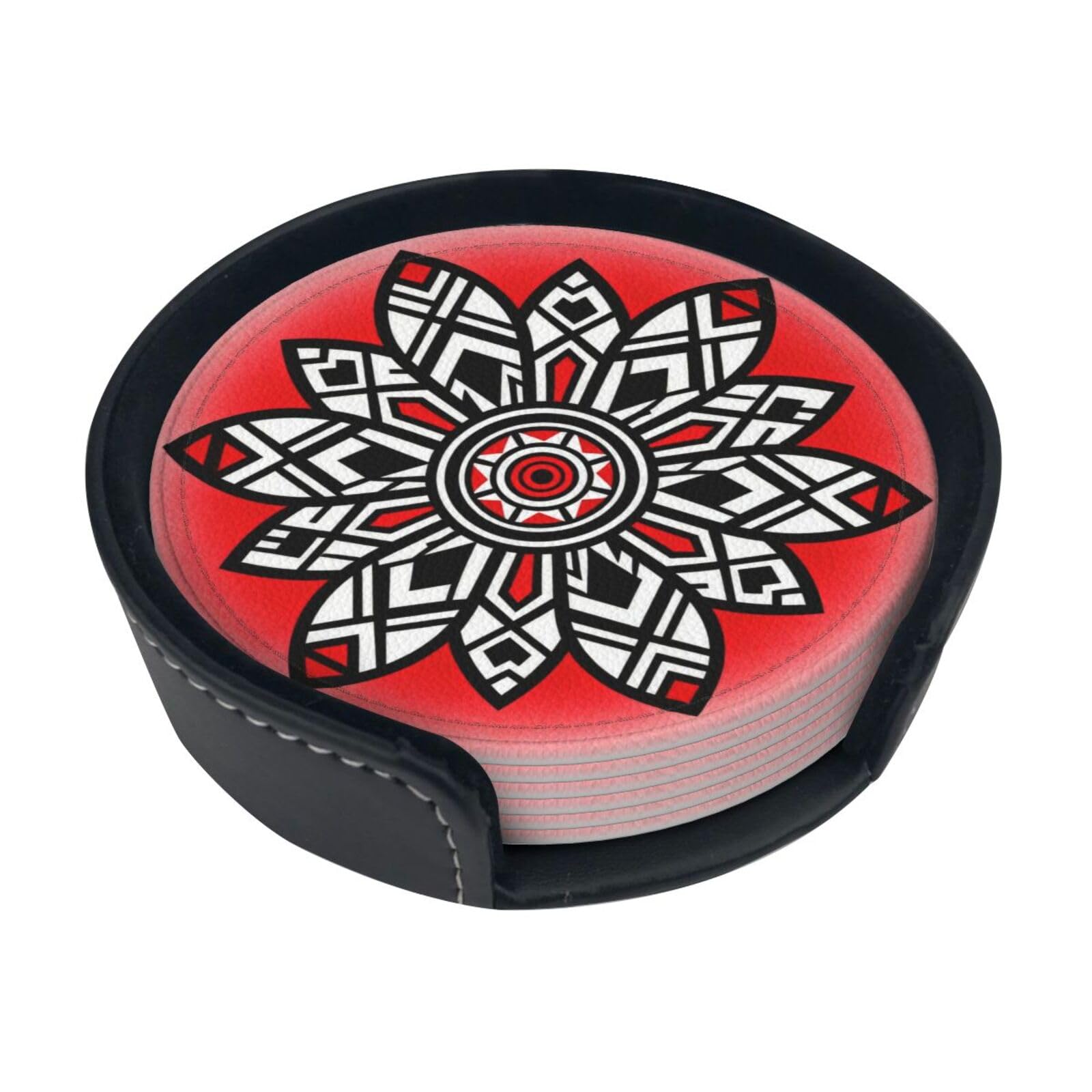 Cntdbu White Native American Flowers Leather Coasters Set Of 6-Pu Leather Drink Mats For Table, Heat Resistant Round Coasters With Holder