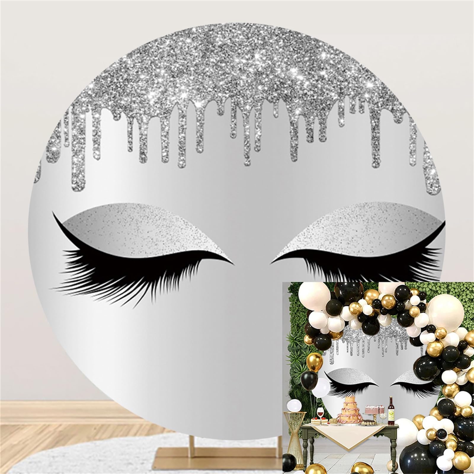 Polyester Diameter 6.5ft Round Silver Eyes Long Eyelash Backdrop Cover Drip Silver Glitter Makeup Room Decoration Background Princess Birthday Party