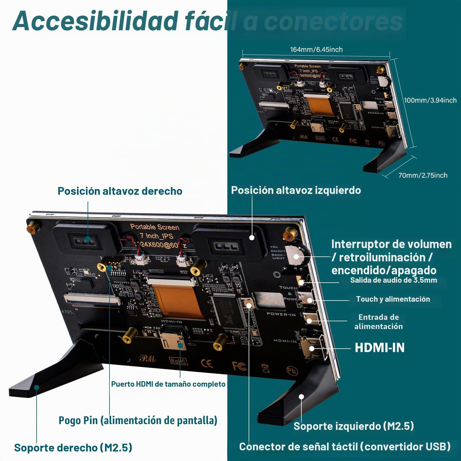 GeeekPi Pantalla Táctil Capacitiva de 7 Pulgadas para Raspberry Pi, Monitor HDMI IPS 1024X600 con Altavoz Dual, Compatible con Raspberry Pi 5/4B/3B+/3B/B+, con Orificios de Montaje