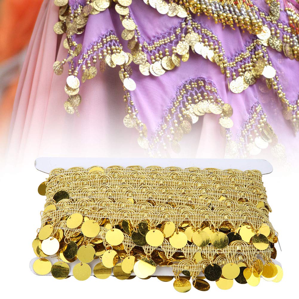 Borla de Danza del Vientre, 10 Yardas Cadena de Danza del Vientre Lentejuelas Bufanda de Danza del Vientre Brillante Accesorios de Decoración de Ropa Nacional Adornos de Disfraces de Baile(Oro)