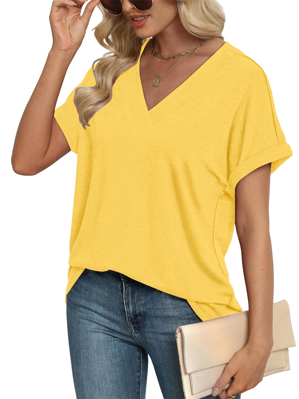 Cuptacc Camiseta Mujer Manga Corta Cuello en V Blusas Mujer Verano Elegantes Suelto Básica Top