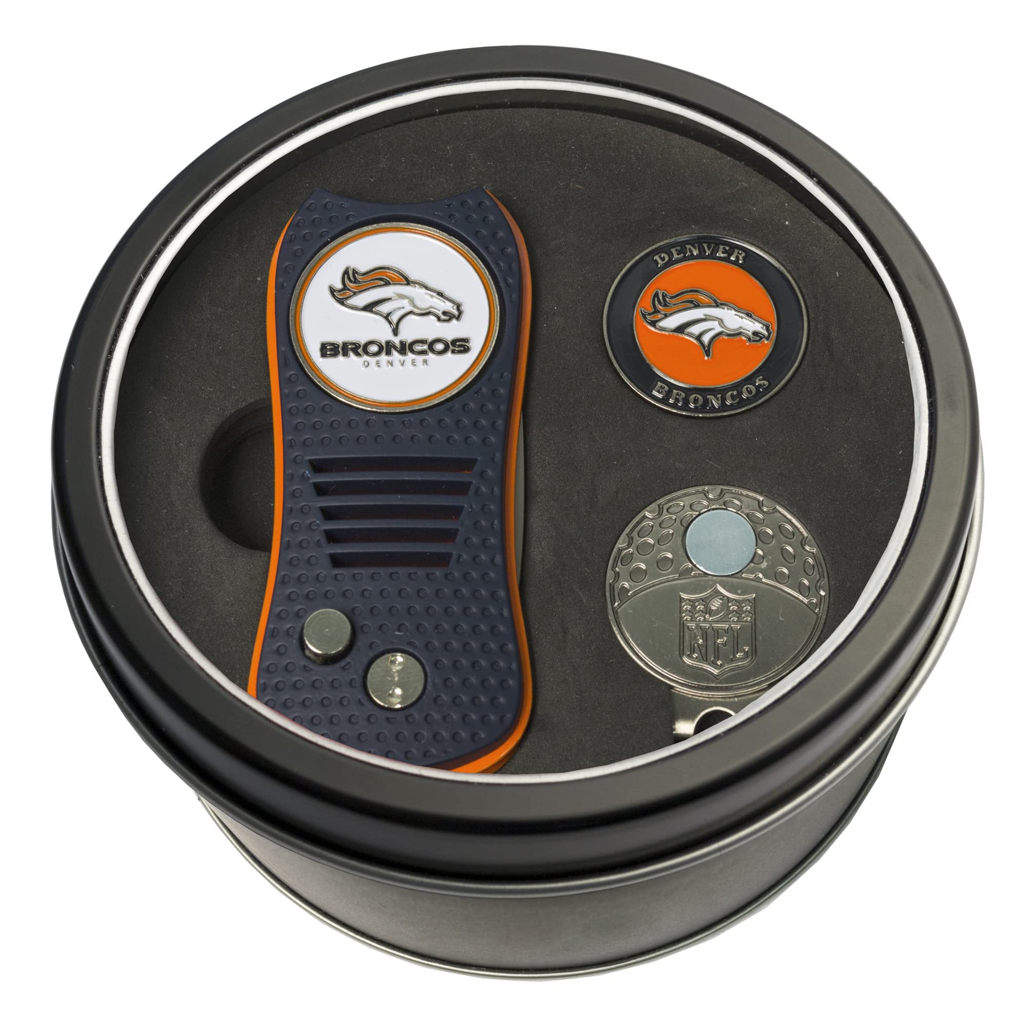 Team Golf NFL Denver Broncos Tin Ball Marker Gift Set with Retractable Divot Tool, Cap Clip and 2 Double-Sided Enamel Ball Markers, Patented Design, Less Damage to Greens