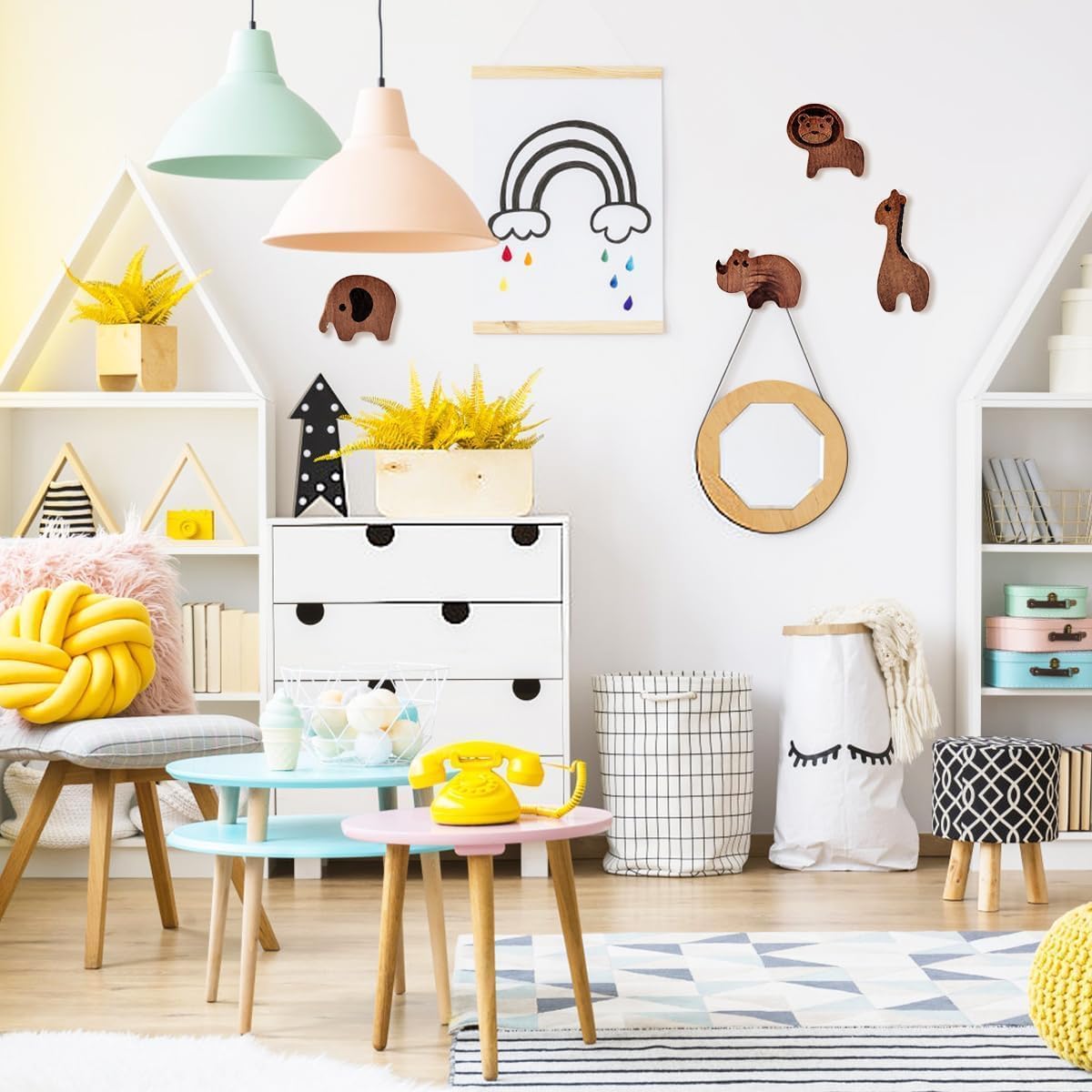 Perchero Infantil de Madera Para Pared - 5 Ganchos de Metal Negros Para Niños, Ideal Para Ropa, Bufanda, Sombrero, Bolsa (5 Animal)