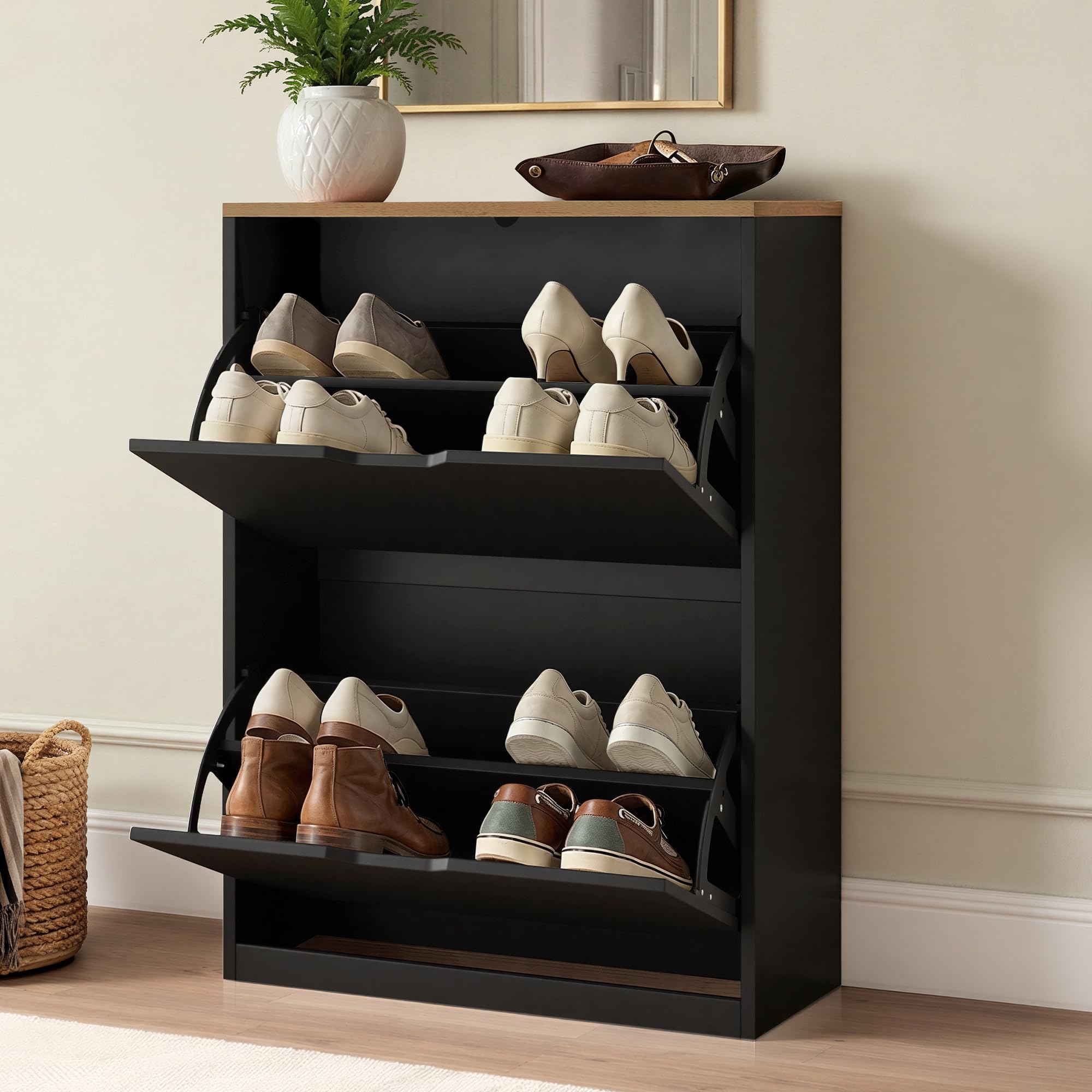 LUE BONA Schuhschrank mit 2 Flip-Klappen,Schuhschrank Schmal 23 cm Tiefe,Schuhkipper Geschlossen mit Verstellbaren Trennwänden für Flur,Eingangsbereich,8 Paar Schuhe,56 x 23 x 80 cm,Schwarz+Naturholz Küche, Haushalt & Wohnen