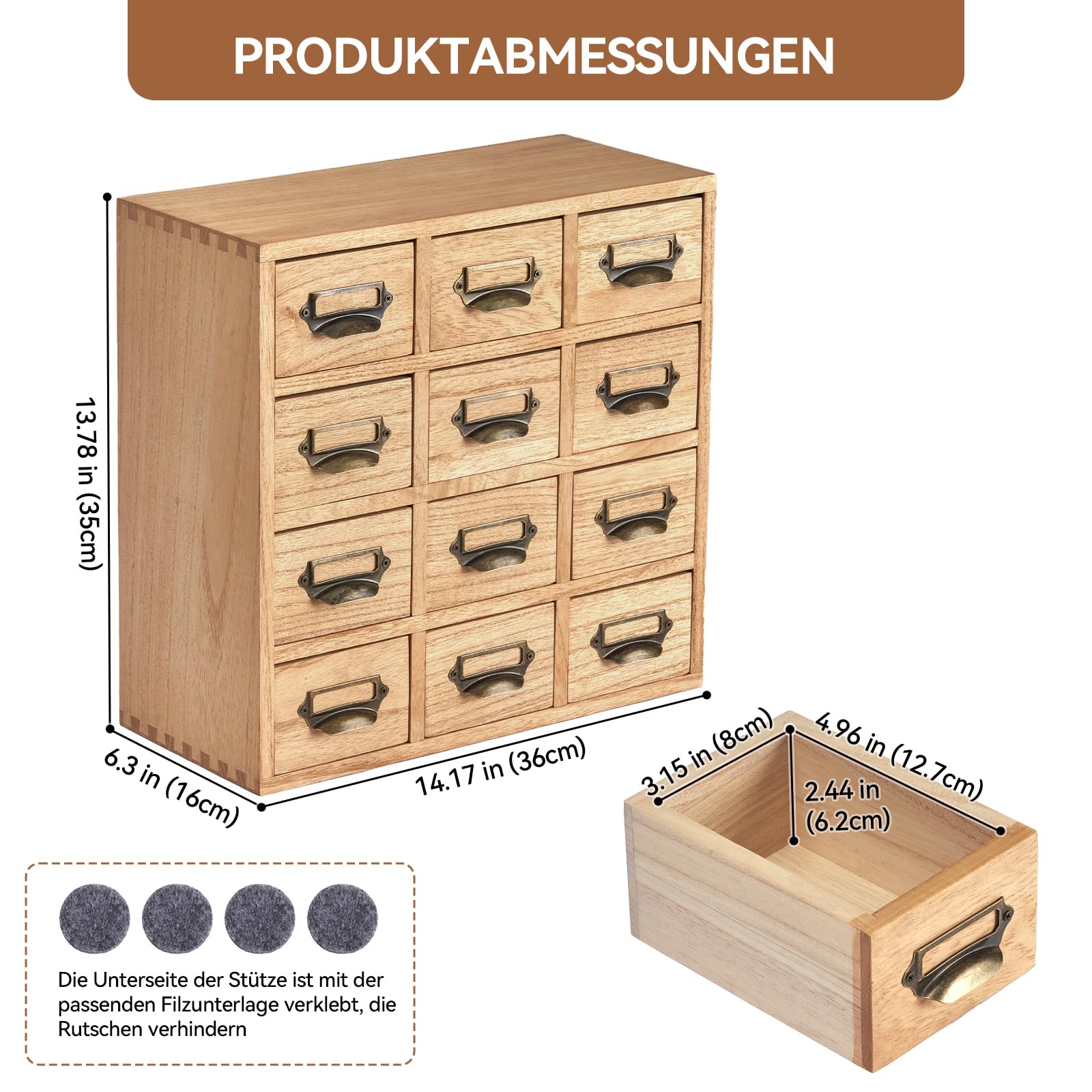 KIRIGEN Schubladenbox aus Paulownia-Holz, 12 Schubladen, Mini-Kommode mit Metallgriffen, Schreibtisch-Organizer für Kleinteile, Büro und Zuhause, 37,5 x 37 x 18,5 cm, Natur