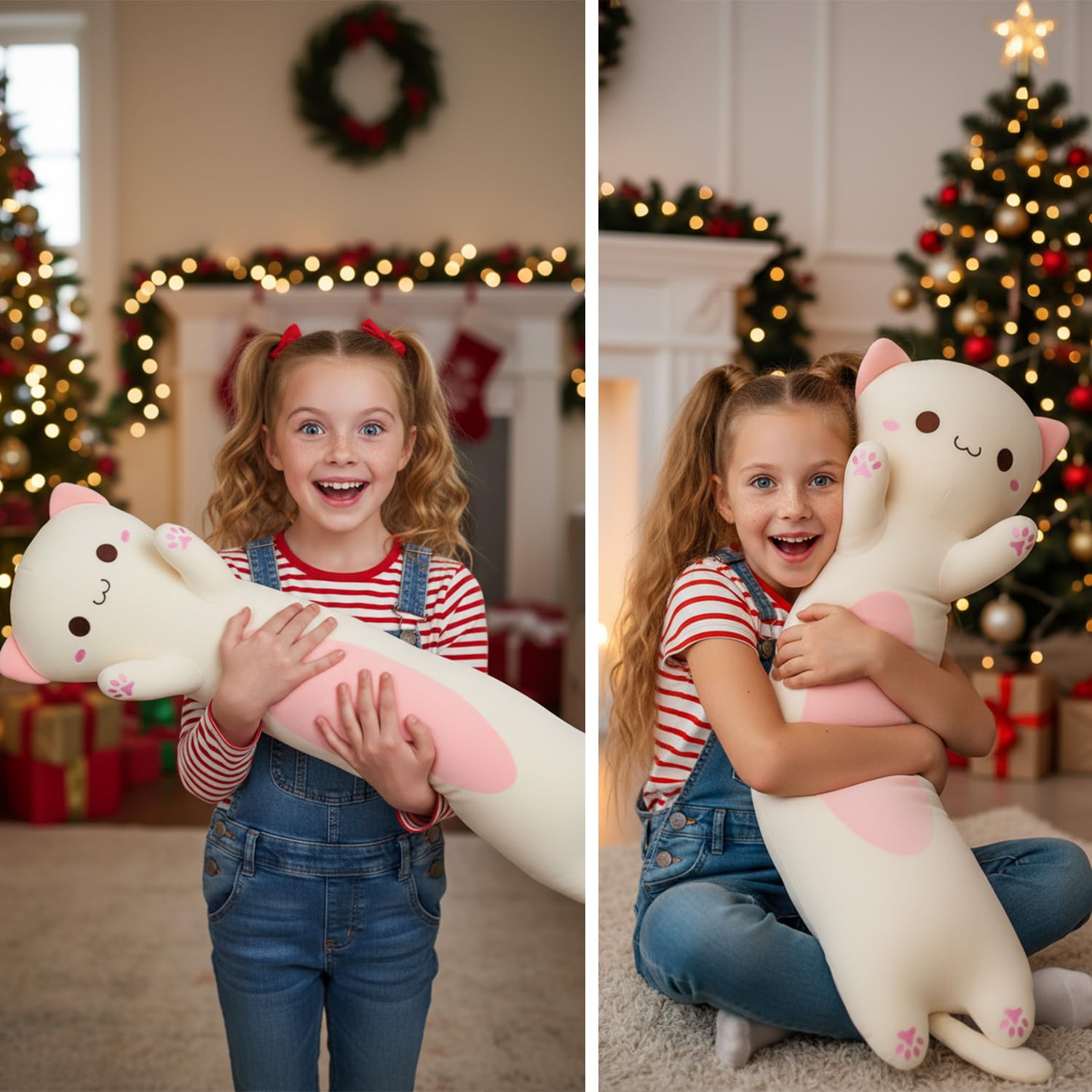 Kekeso Lungo Peluche Gatto - Cuscino Morbido Gatto per Bambini & Adulti, Kawaii Cuscino a Corpo di Gatto, Regalo Carino per Amanti dei Gatti (Crema, Occhi rotondi, 110cm/43.31inch)
