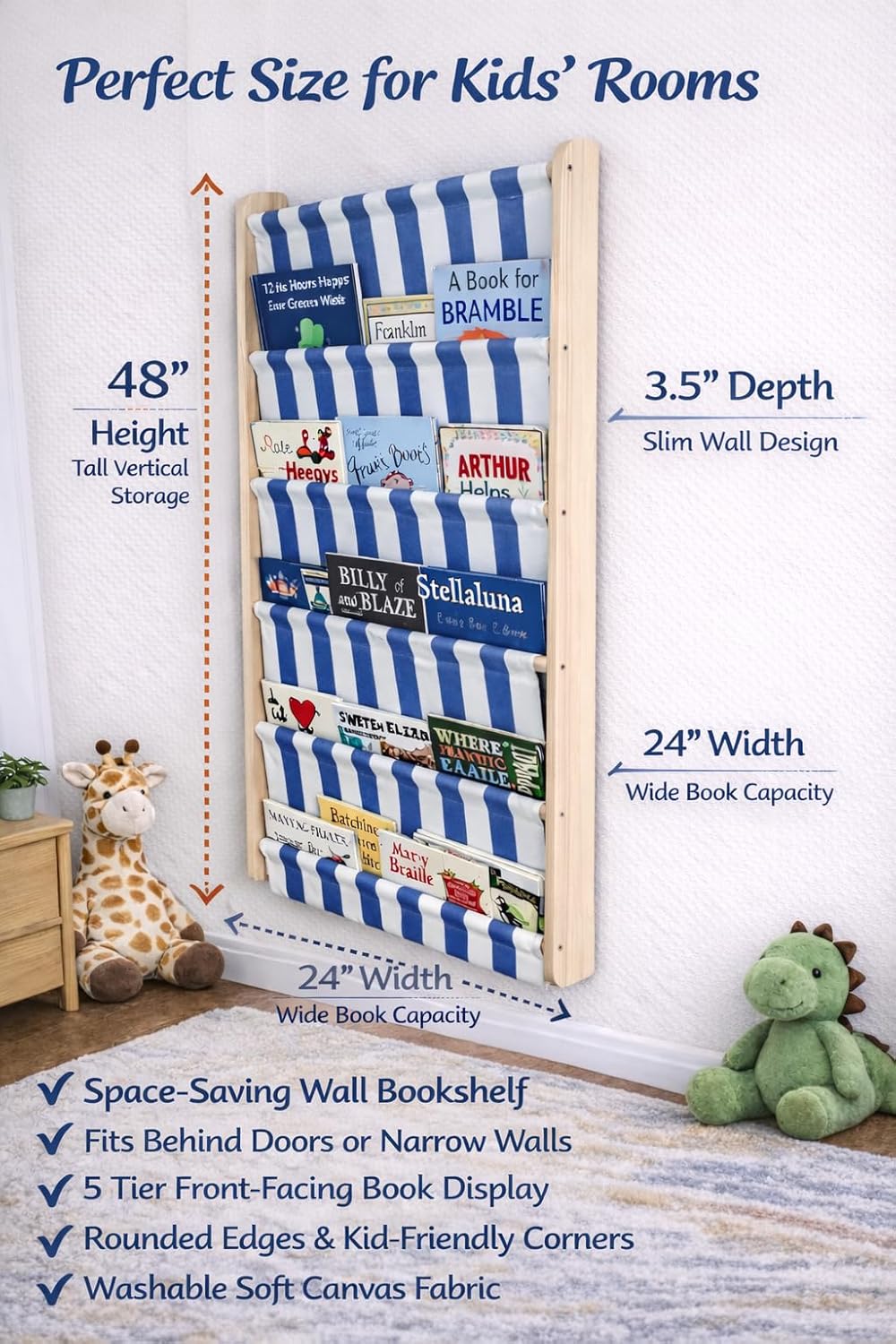 Montessori 5 Tier Canvas Pocket Wall Mounted Bookshelf, Re-Washable Soft Fabric Kids Book Rack with Deep Pockets, Wooden Nursery & Playroom Book Organizer, Space Saving Behind Door Shelf (Blue)