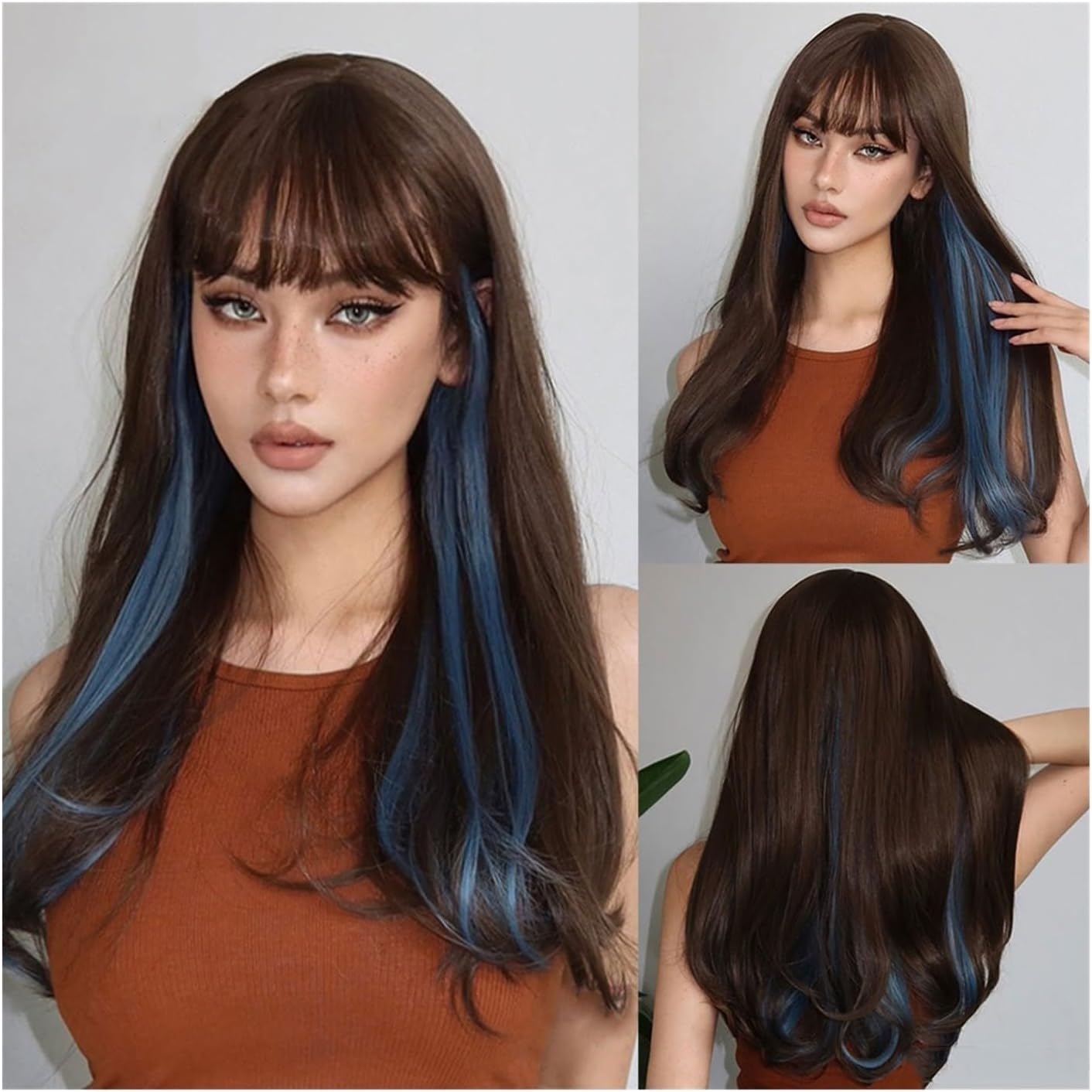 ☆関税込☆ウィッグ ロング ウェーブ コスプレ ハイライト 合成ウィッグ 前髪付き ブラウン ミックス ブルー ナチュラル ウェーブ ヘア ウ☆大人気☆