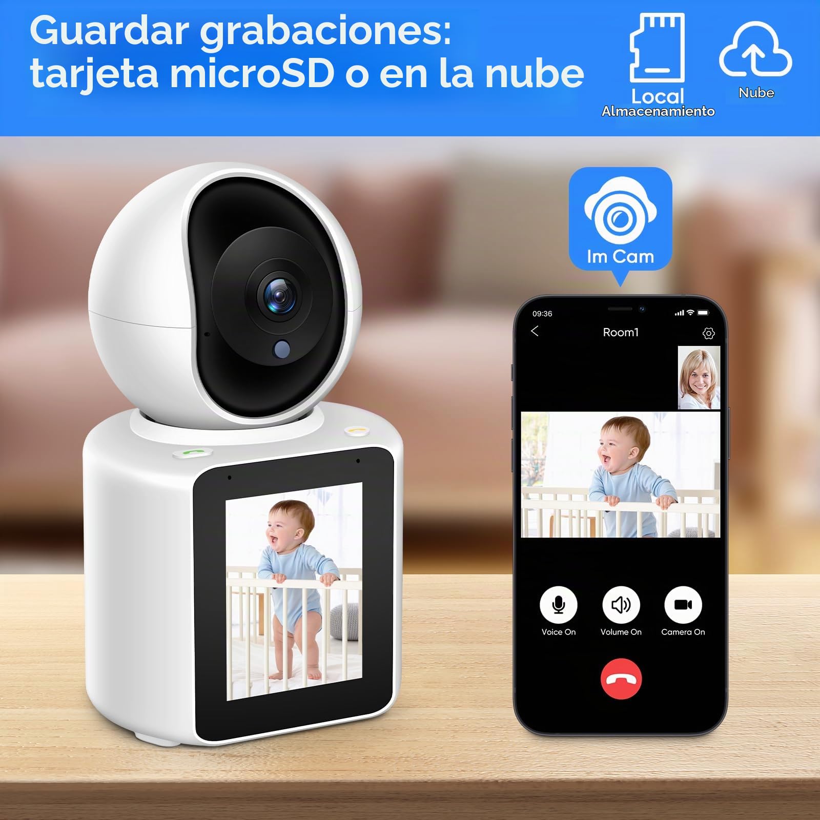 MYPIN Cámara Vigilancia WiFi Interior 360º 2K con Vídeo/Audio Bidireccional | Cámara Vigilancia Bebe/Mascotas, Cámara de Seguridad con Visión Nocturna, Llamada con un Botón, Detección de Movimiento