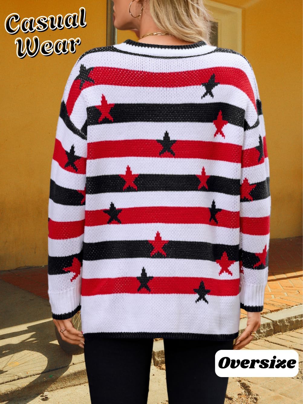 Women Oversized Tunic Knit Sweater, Crewneck Long Sleeve Star Striped High Low Tops, Chunky Fall Winter Casual Outfit - Image 3