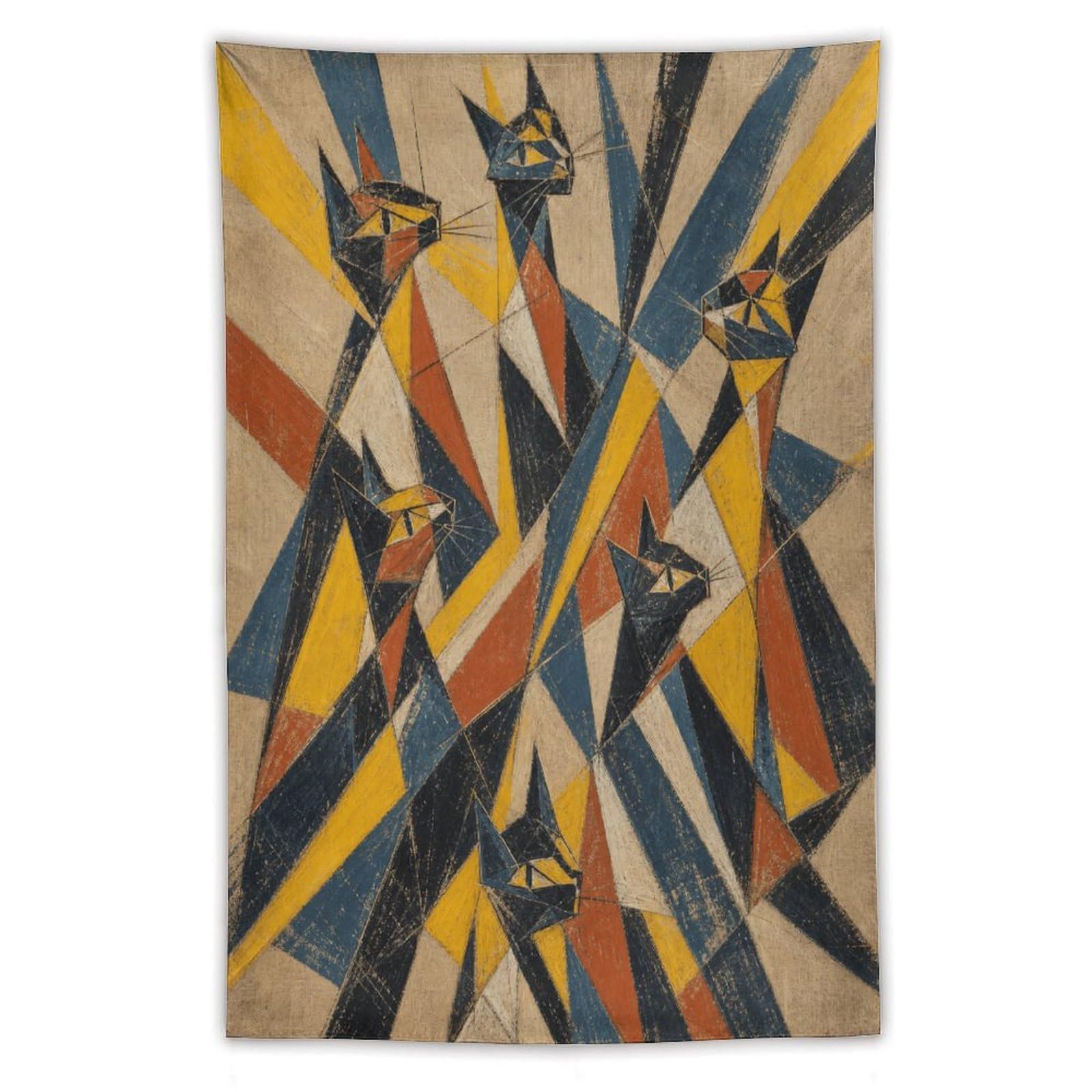 H3B8U2Y5 Geometric Cat Group Wall Tapestry, Geometric Art Style, Bed