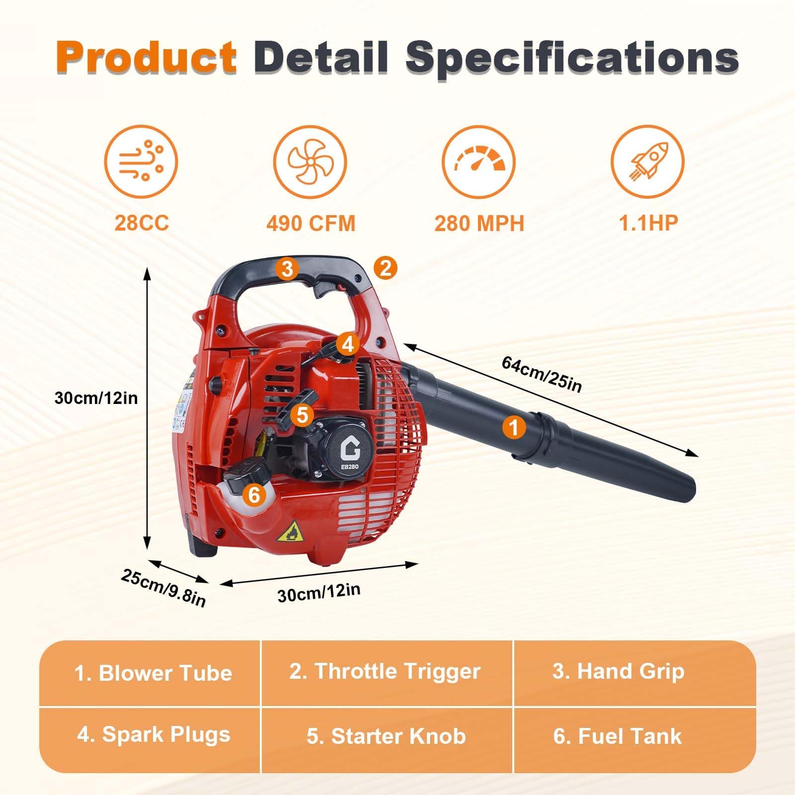 Potente soplador de hojas de gasolina, soplador manual de hojas de 2 tiempos, 28 CC, 290 km/h, alta velocidad de aire, volumen de flujo de aire 13,88 m³/min para el cuidado del césped, la nieve y el