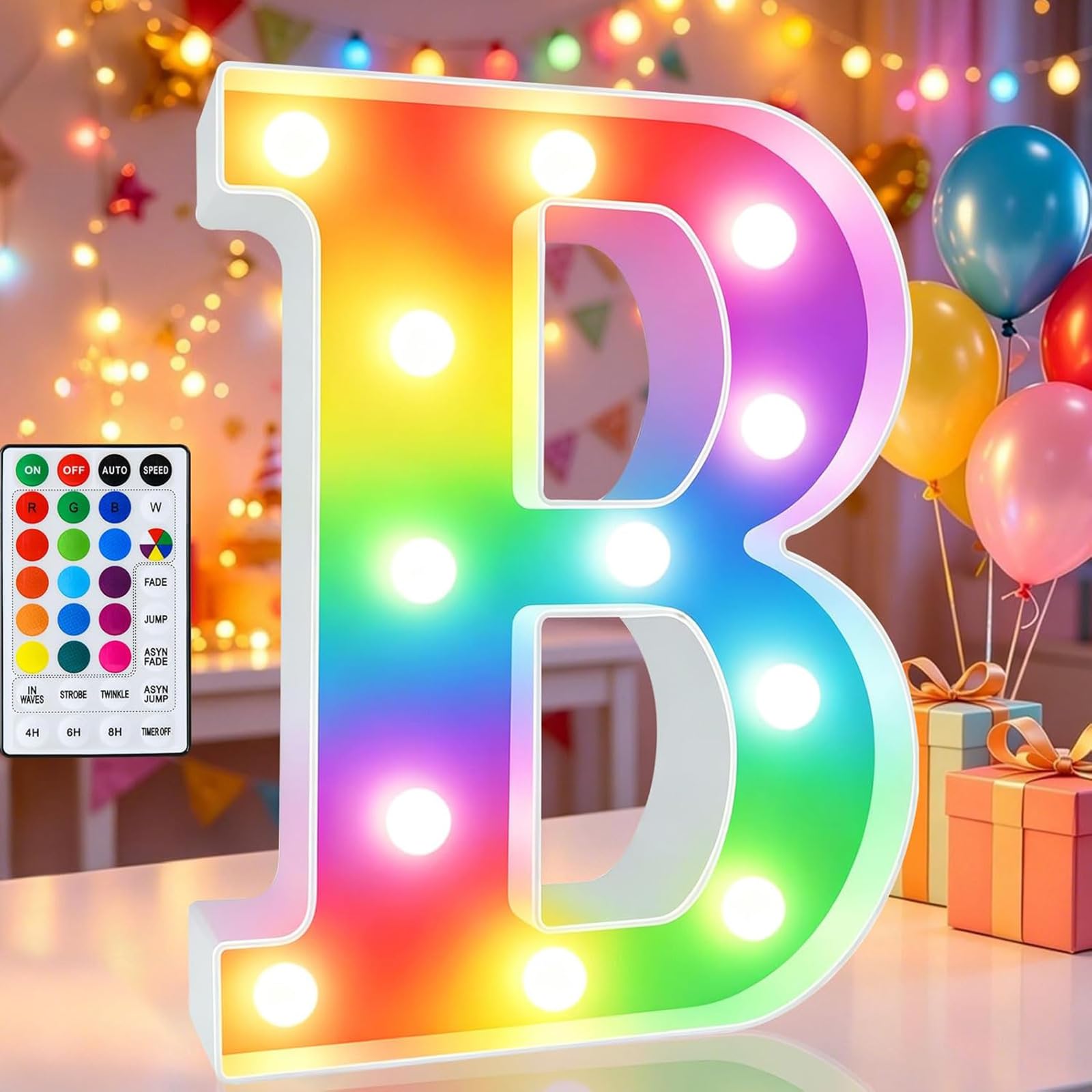 Light Up Letters, 18 Color Changing Alphabet Letter Sign with Remote Control for Girls Boys Birthday Gifts Party Decorations Christmas Wedding Valentine Wall Table Decor, Letter B