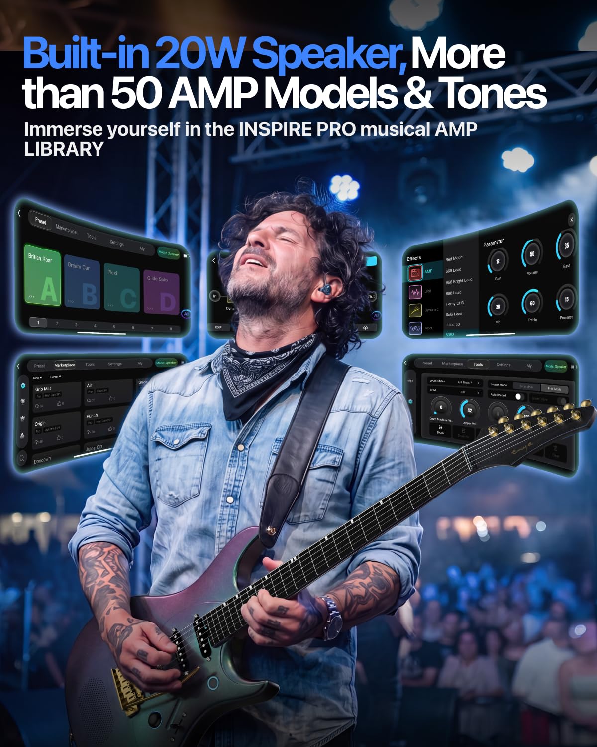 ENYA INSPIRE PRO AL Chitarra Elettrica con Pickup APEX LAB | Altoparlante 20W anti-larsen, corpo carbonio 39", 64 preset, looper, accordatore, barra tattile, per suono silenzioso e live.