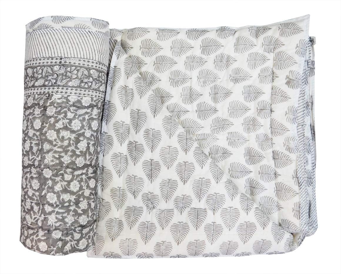 Ethnicfashville Hand Block Print Indian Handmade Queen Size Light Weight in Side Doctor Cotton Razai Quilt Throw Ethnic Coverlet Blanket Elephant Printed