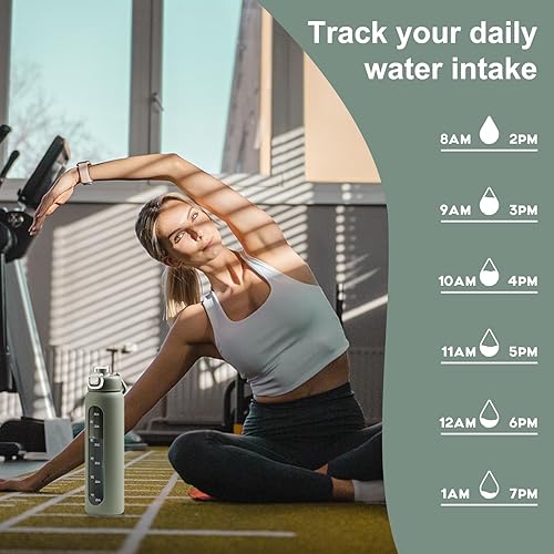 Miniatura 5 de Botellas de agua de vidrio de 32 onzas con 2 tapas, tapa de boquilla con asa y tapa de popote, botella de agua motivacional de borosilicato de 1