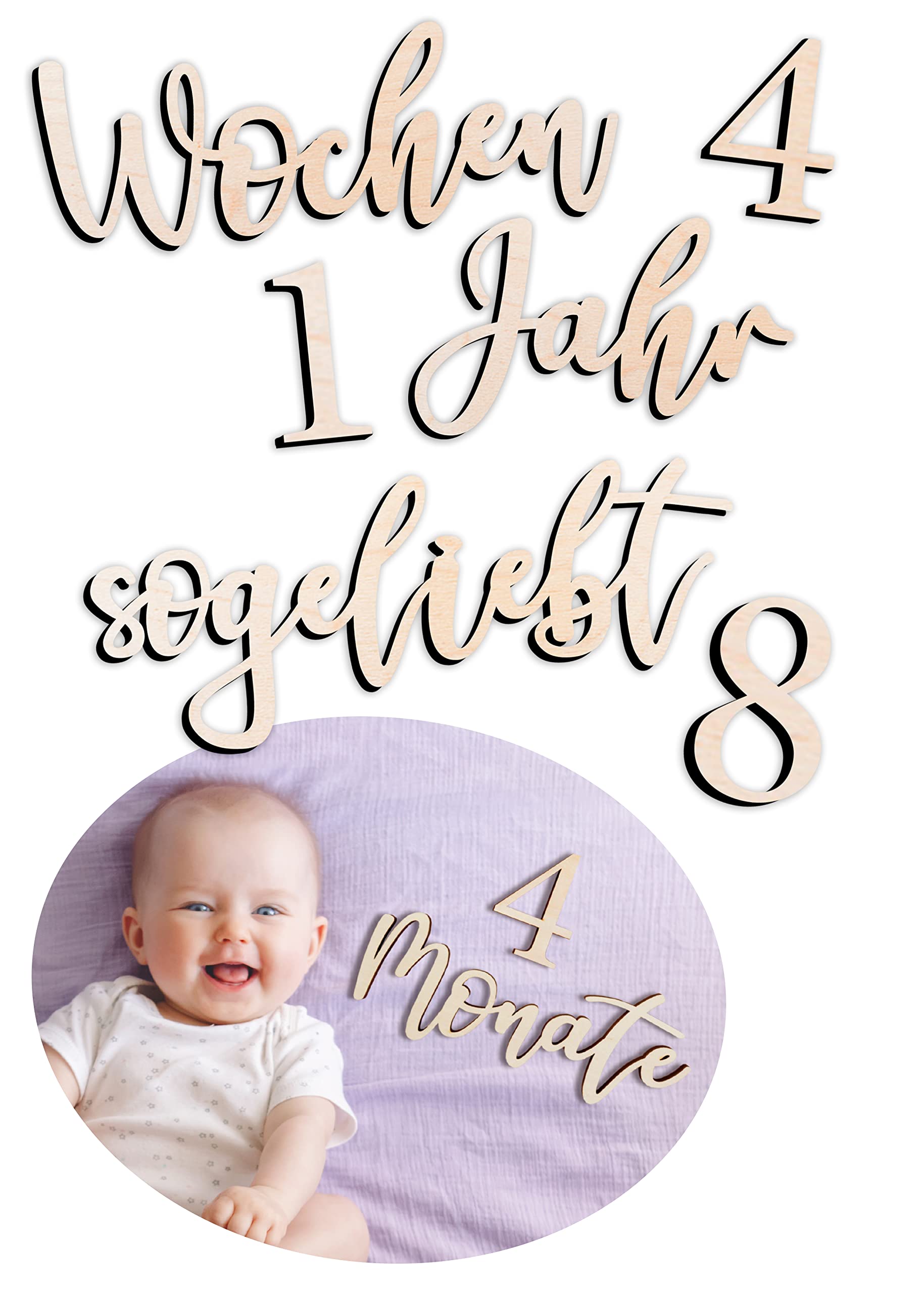 Joli Coon Meilensteinschriftzüge aus Holz - Meilensteinkarten Baby Holz - Meilensteinkarten Schwangerschaft Holz
