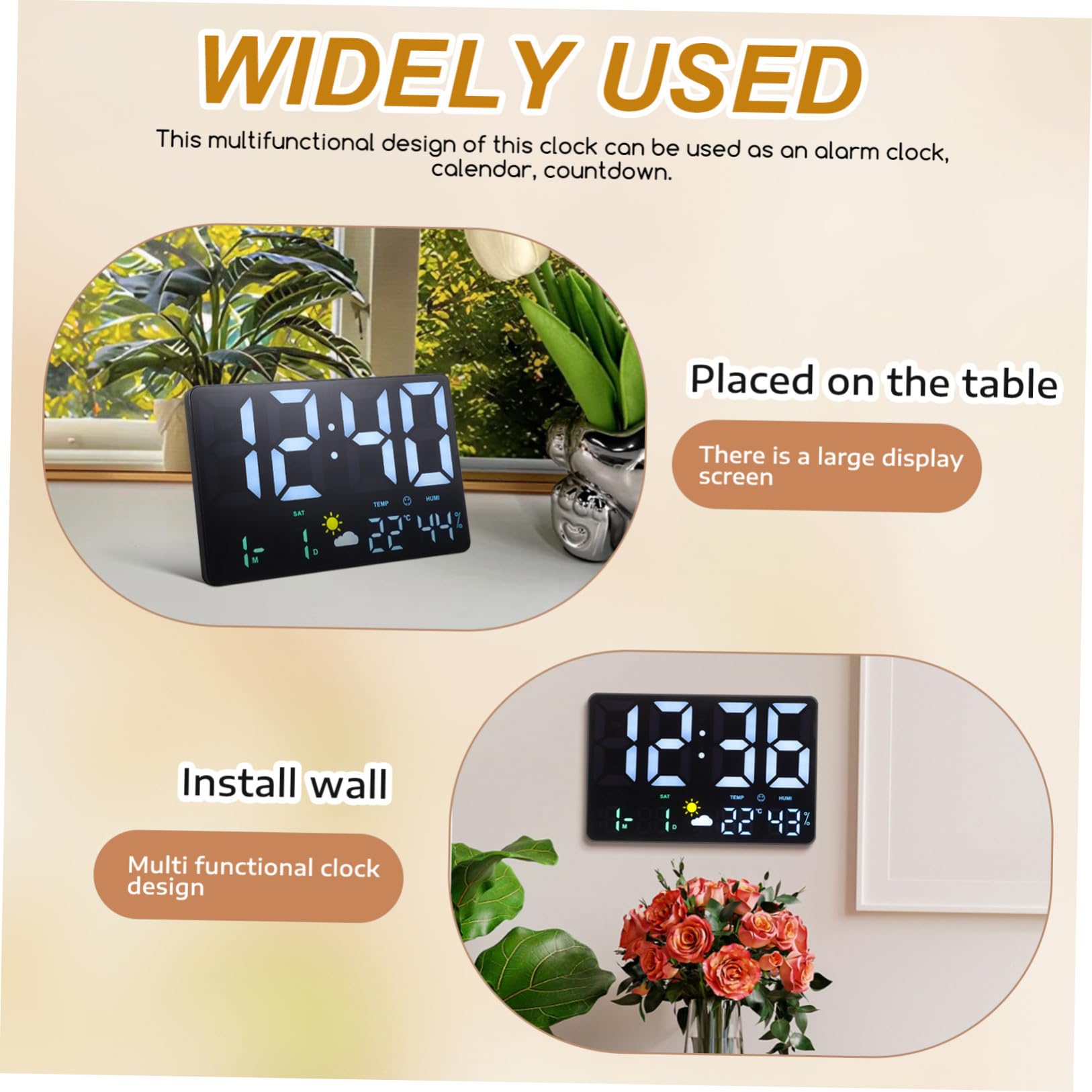 Artibetter Reloj de Pared Digital Pantalla LED Grande y Función de Temperatura para Oficina y Sala, Diseño Negro de Plástico Pronóstico