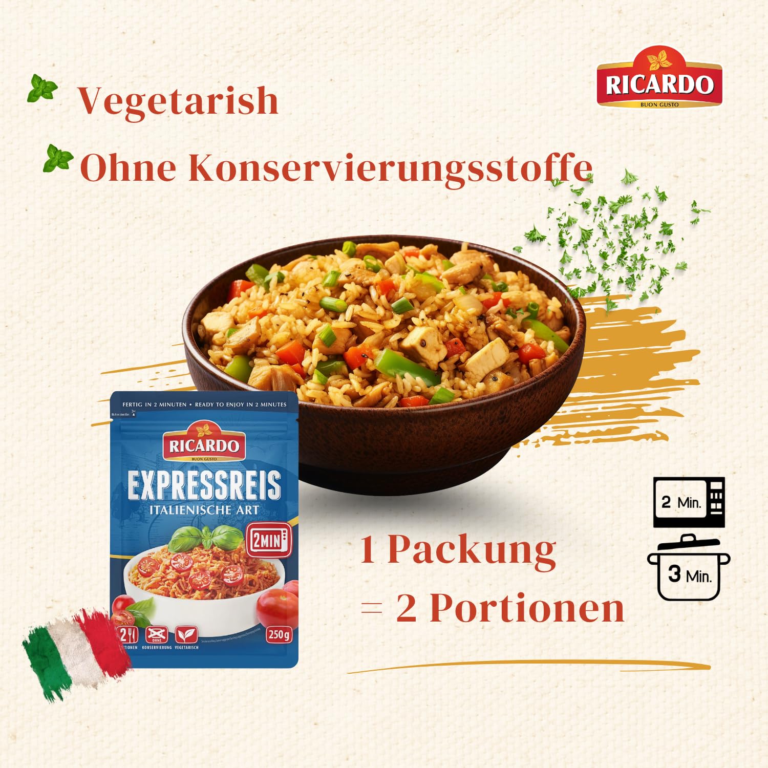 RICARDO Express Reis Italienisch 8 x 250g Reiszubereitung Fertiggerichte Mikrowelle/Pfanne schnell & einfach zubereitet