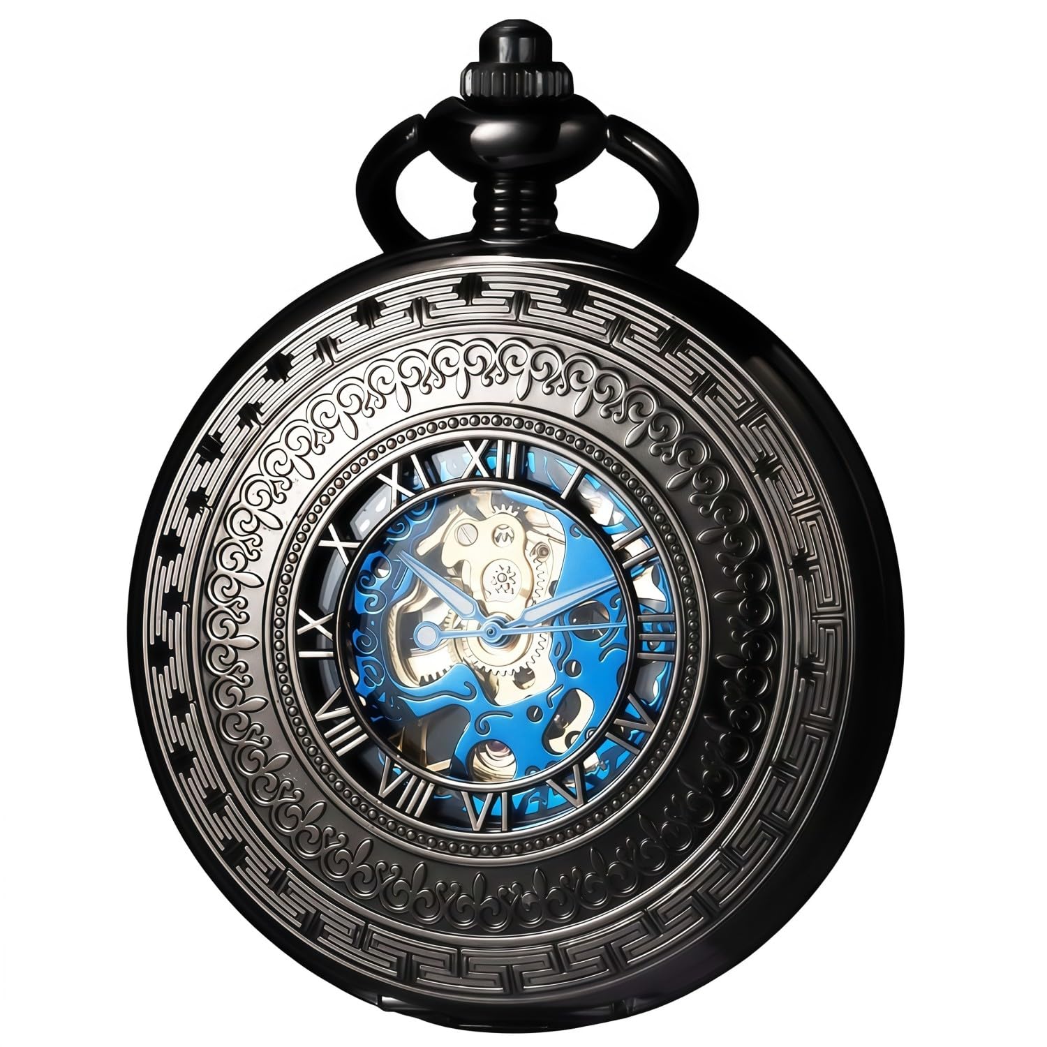 Steampunk zegarek kieszonkowy szkielet mechaniczna przekładnia ręcznie wiatr cyfry rzymskie antyczny łańcuszek męski