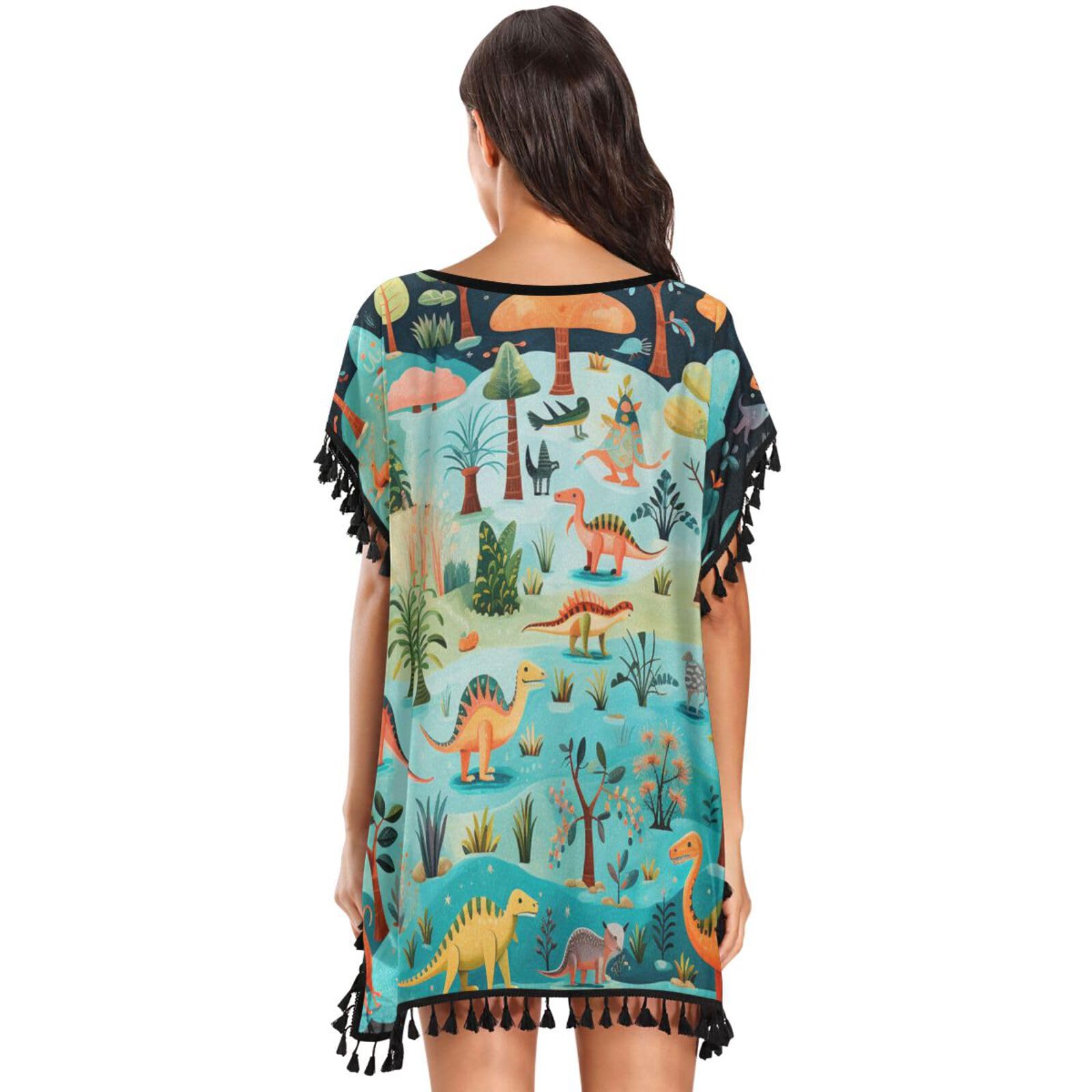 Turquoise Dinosaurs Cartoon Tree Women's Beach Cover Up Chiffon Tassel Swimwear Swimsuit Coverups for Girl