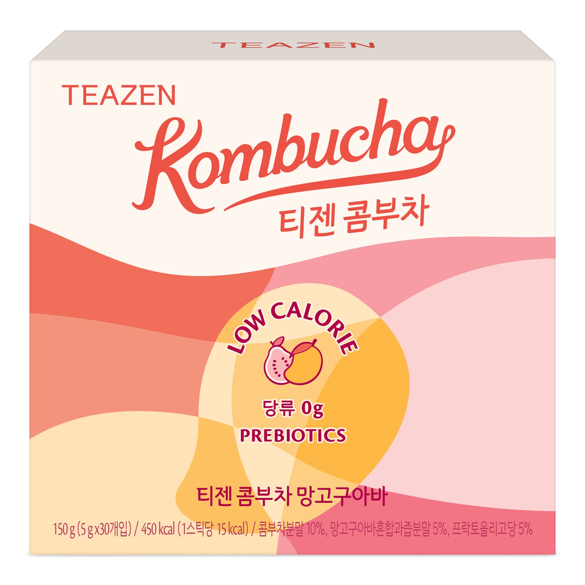 TEAZEN Mango Guava Kombucha Tea, Hydration Drink Mix, Sugar Free, Live Probiotics & Prebiotics, 30 Sticks, 5.29oz